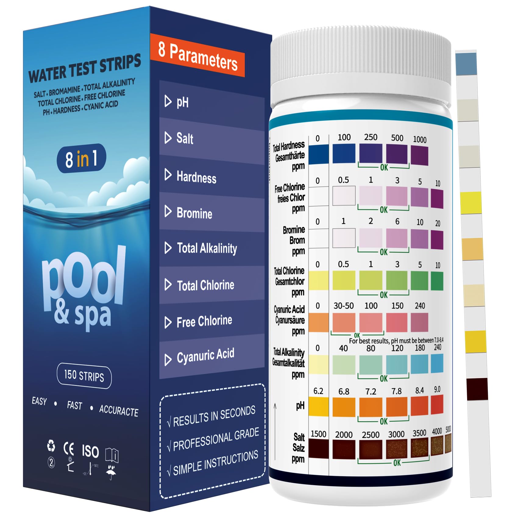 AKSBTEC 2026 Salt Water 8-in-1 Pool Test Strips Kit | 150 Strips Pool Salt Test Strips | Salt Water Pool Testing Kit for Pools, Hot Tubs & Spas Quick Accurate Tests Salt, Chlorine, pH, Cyanuric Acid