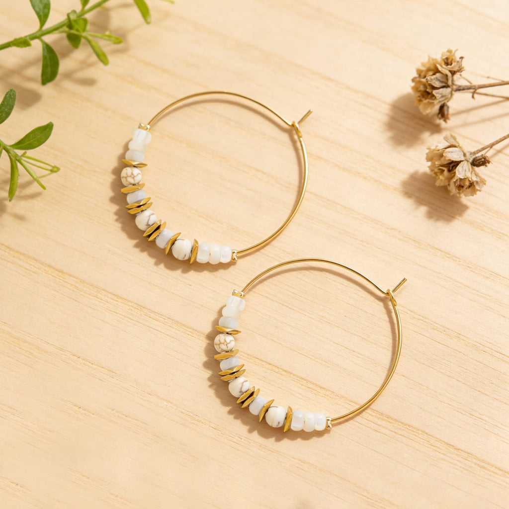 Frigotine Gold Boho Shell Beaded Hoop Earrings for Women, Retro Circle Mother of Pearl Handmade Lightweight Jewelry Christmas Holiday Beach Accessories Gift
