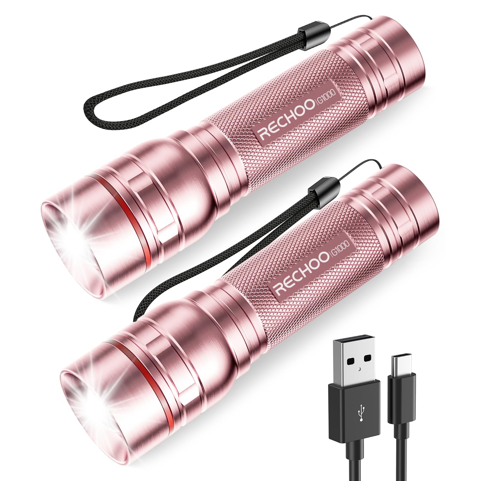 Rechargeable Flashlights High Lumens, G1000 Super Bright Flash Light 2 Pack, Small Zoomable LED Flashlight with 3 Lighting Modes, Portable Flashlights for Camping Essentials, Gift for Women (Pink)