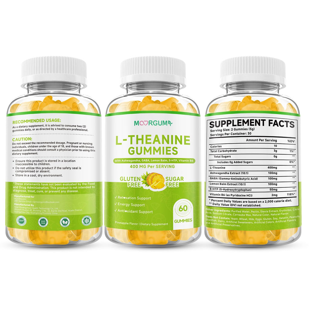 L-Theanine Gummies, 400mg l'theanine Chewable Supplement with Ashwagandha, GABA, Lemon Balm, 5-HTP, Vitamin B6, Support Zzz, Relax & Emotion, Vegan, Non-GMO, Sugar Free, Pineapple Flavor, 60 Count