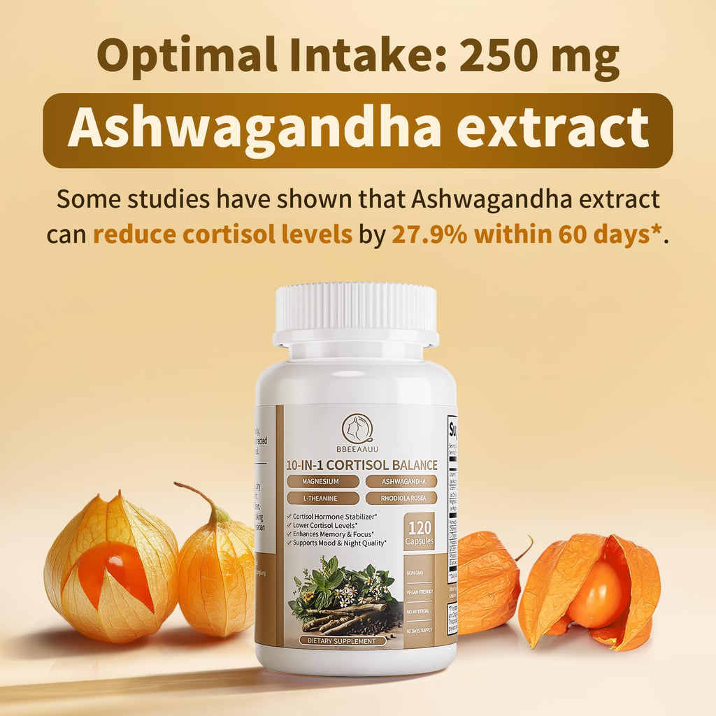 2 Pack Cortisol Supplements for Women & Men - 10-in-1 Cortisol Reducer Manager Detox with Ashwagandha, Magnesium - Lower High Cortisol Levels, Relaxation & Night Support, Non-GMO, 120 Capsules