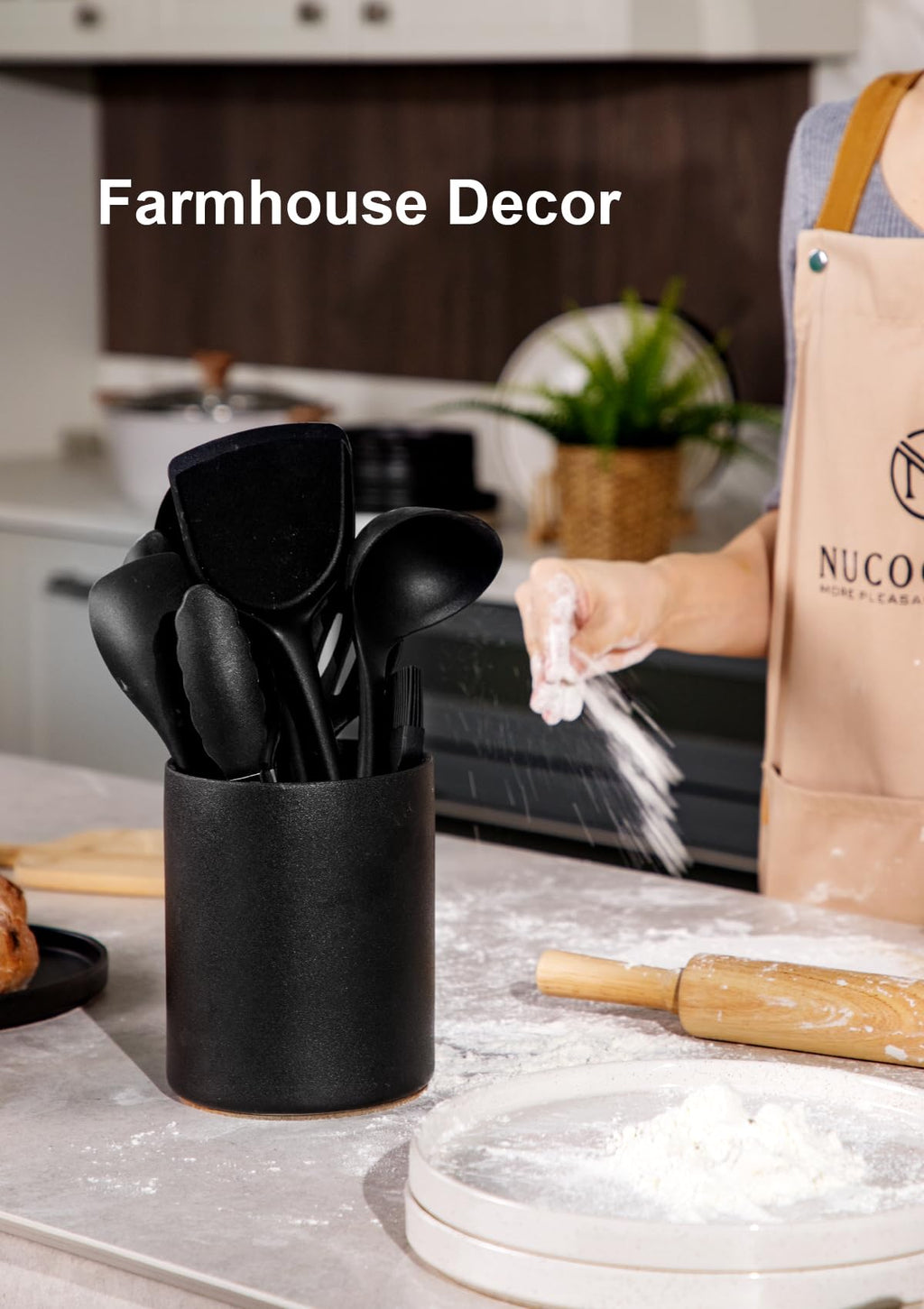 Nucookery Ceramic Kitchen Utensil Holder for Countertop, 6.4" Stone Black
