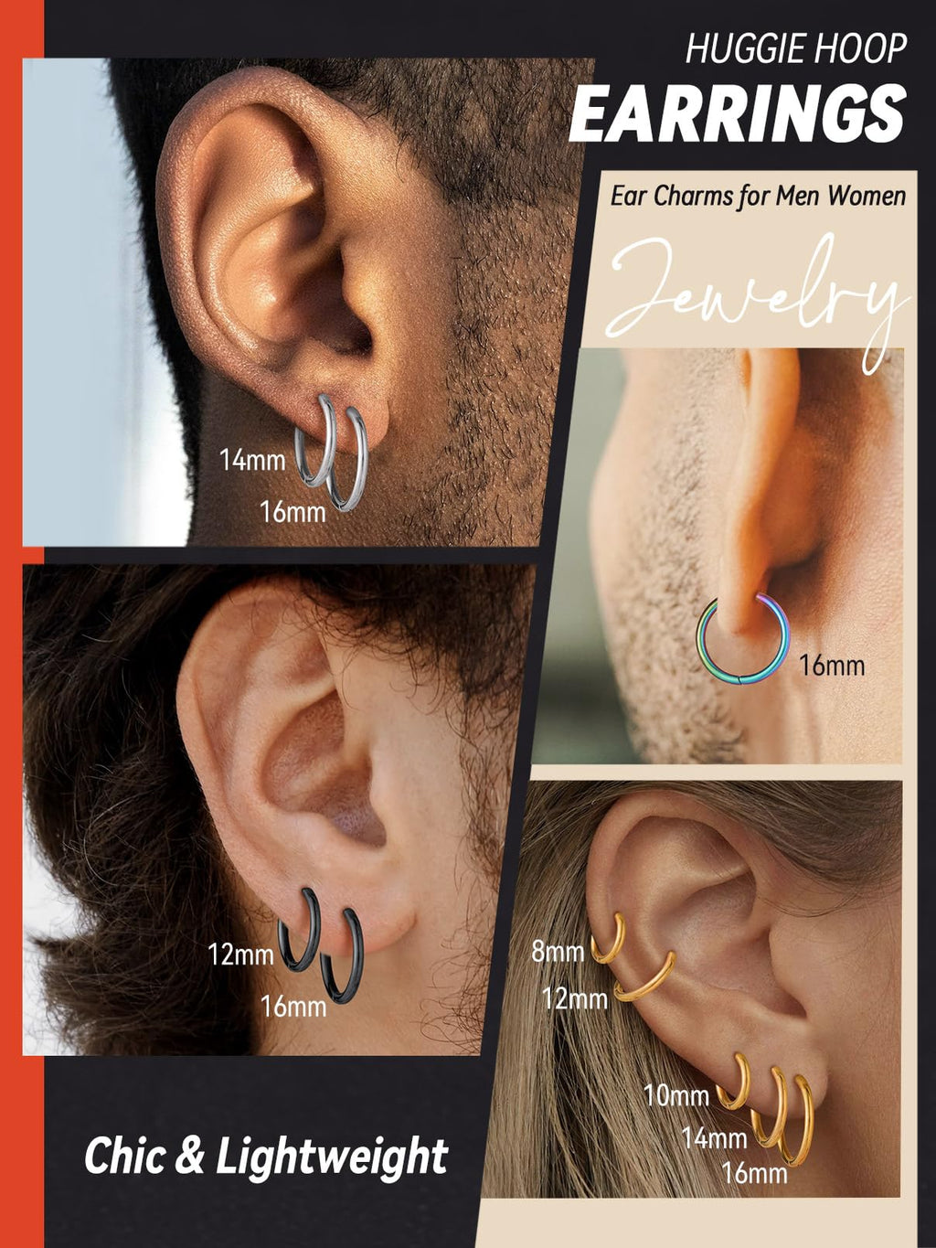 FaithHeart Stainless Steel Black Huggie Hoop Earrings for Men 10mm