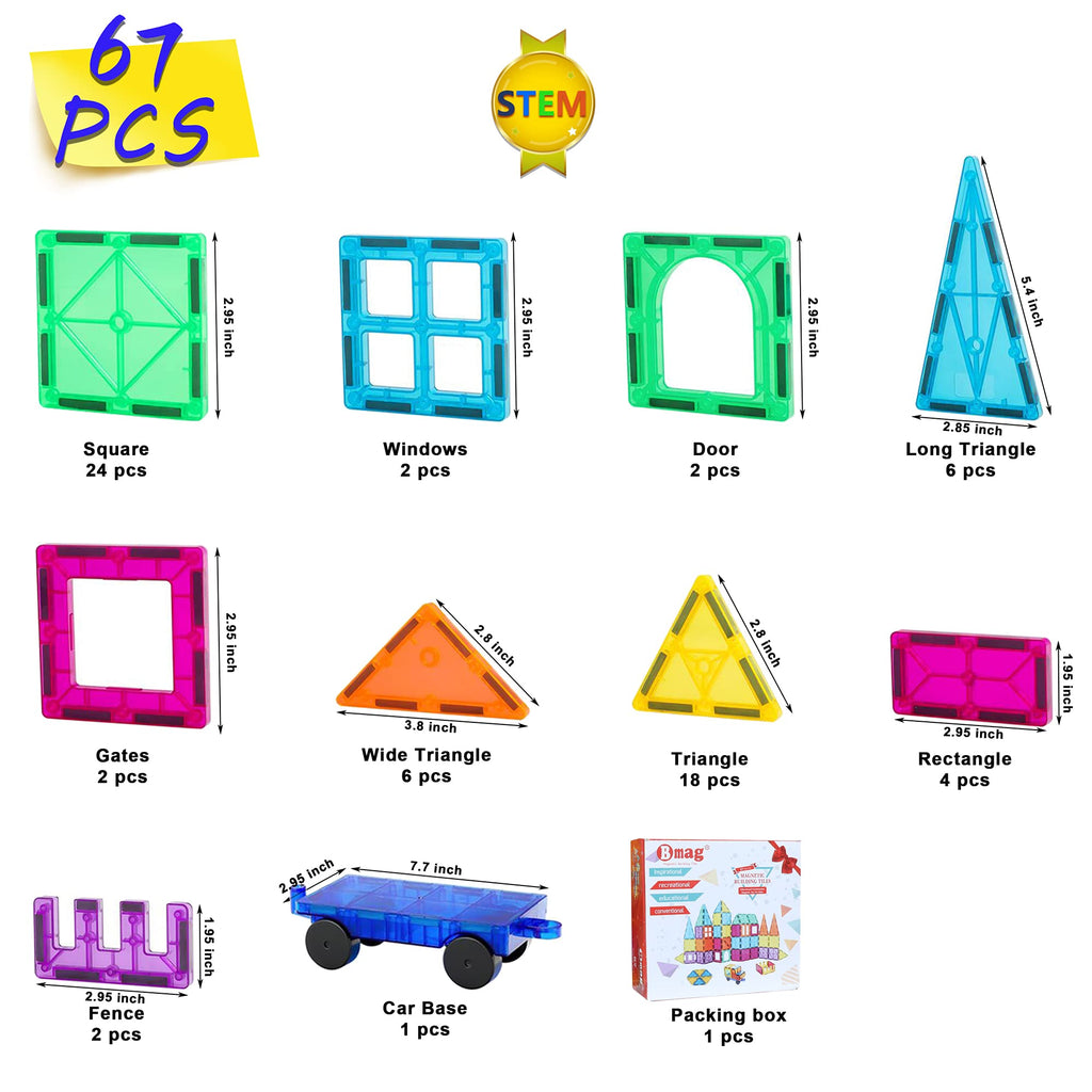 Bmag Magnetic Tiles, 67 PCS with 1 Car Building Blocks for Toddlers, 3D Magnet, STEM Educational Learning Building Blocks for Kids Children, Stacking Montessori Toys Gifts for Boys Girls