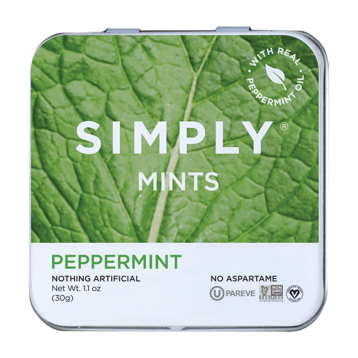 SIMPLY Peppermint Breath Mints, 6 Tins (30 Each) Sweetened by Cane Sugar