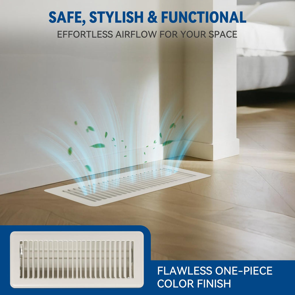VENTYUN 4" x 10" Floor Register Vent Covers 10-Pack, Walkable Powder-Coated Metal Vent Covers with Adjustable Airflow, Curved Safe Edges for Floor/Wall, White