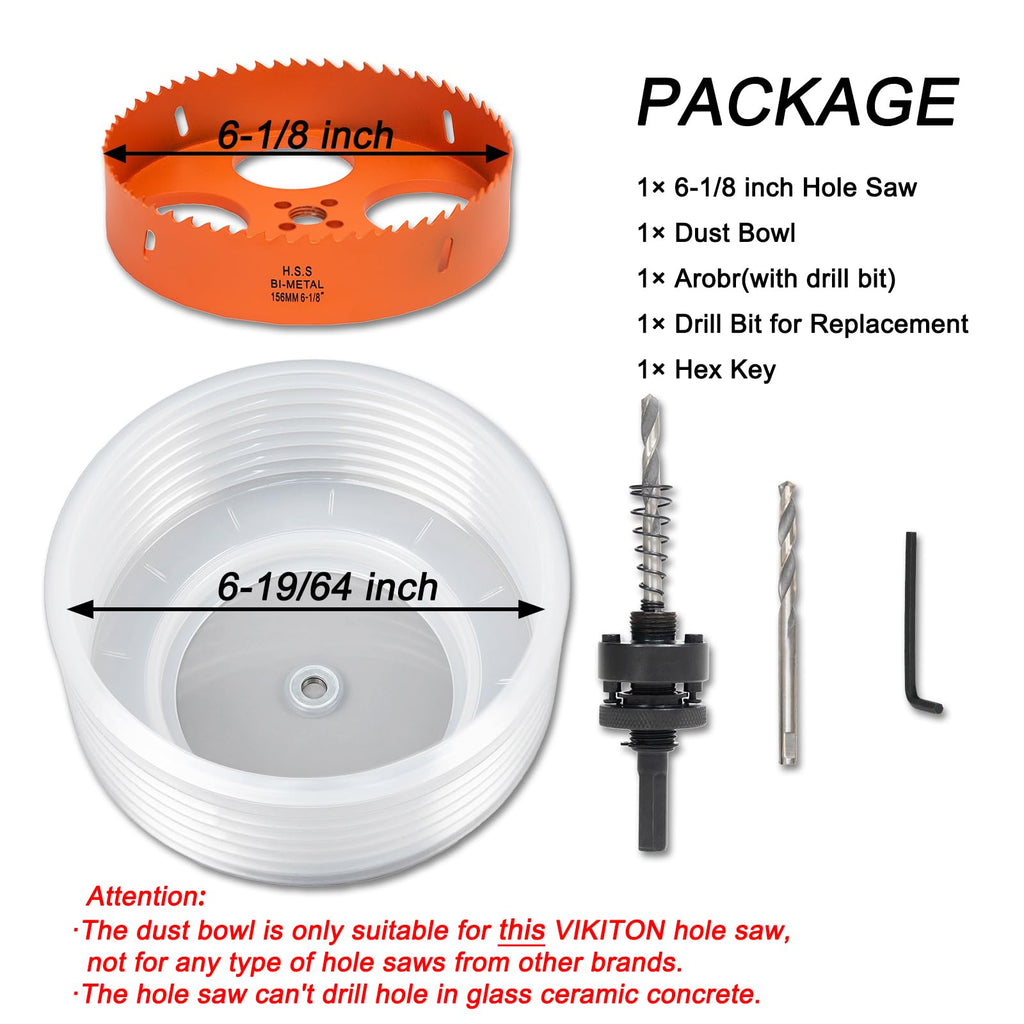 VIKITON 6-1/8 Hole Saw for Recessed Lights, 6.1 Inch Hole Cutter with Dust Bowl Catcher for Led Recessed Lighting 6 Inch and Wood Metal Drywall, Bi-Metal Construction