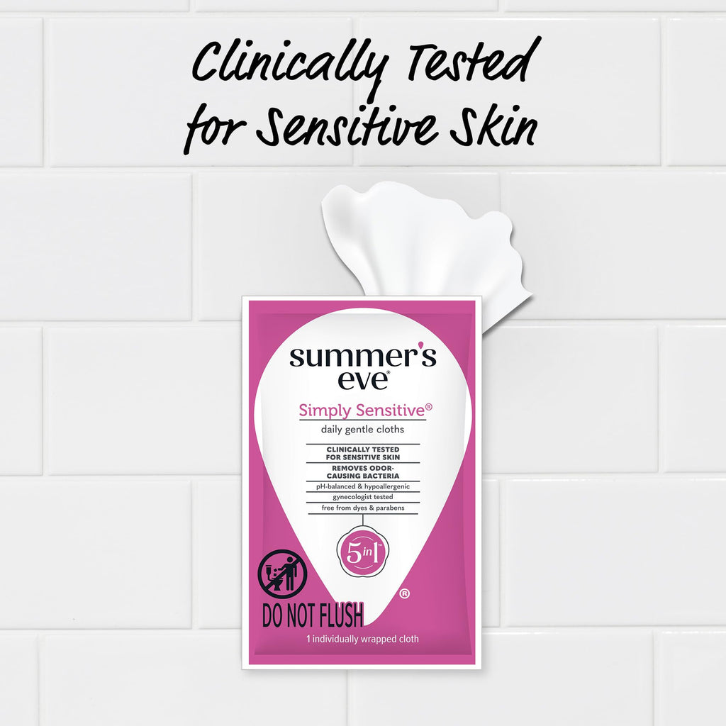 Summer's Eve Simply Sensitive Feminine Wipes, Gentle pH-Balanced Micellar Water Based Formula Helps Control Vaginal Odor, Individually Wrapped Wipes, 12 Count