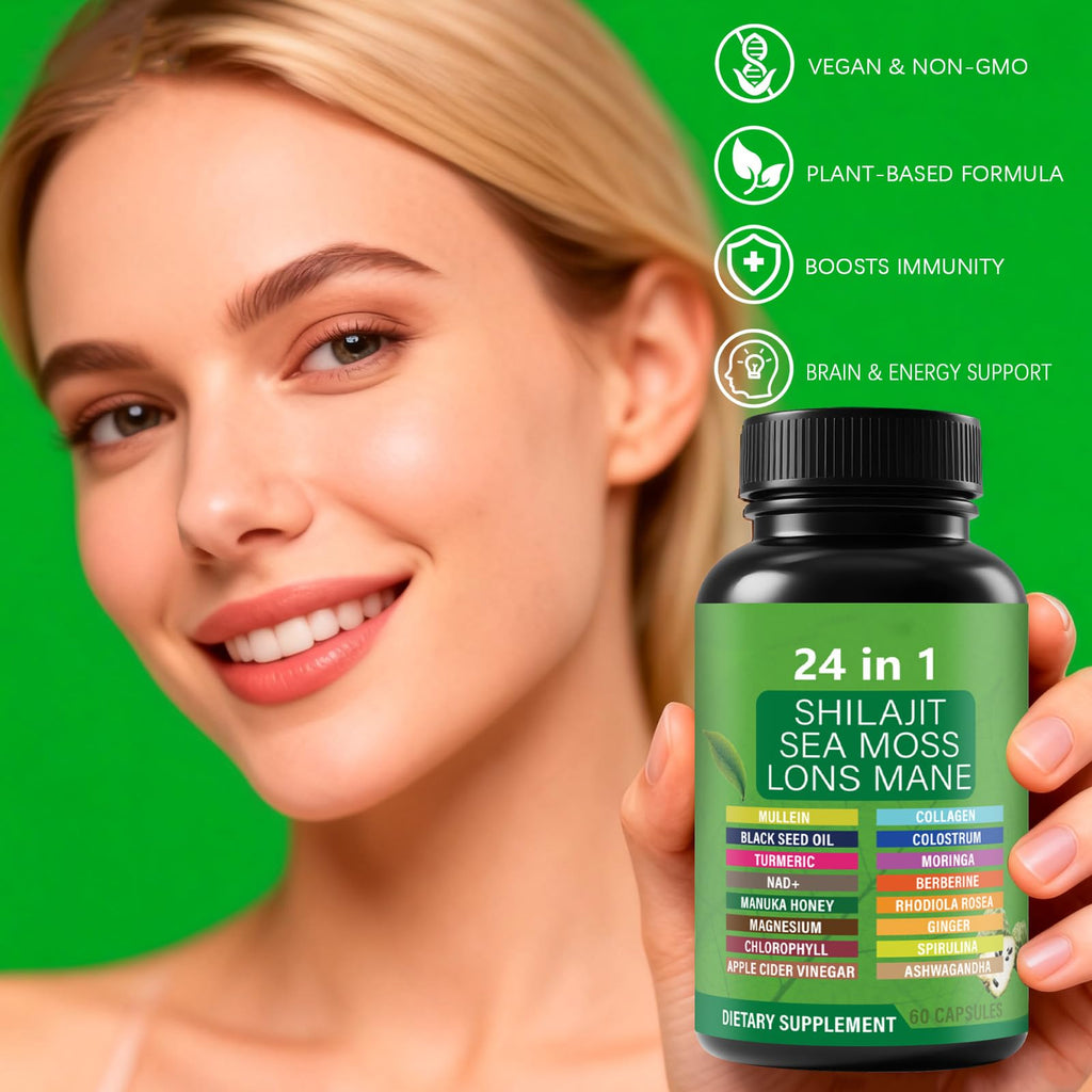 Soursop Capsules with 24-in-1 Herbal Blend - Includes Graviola, Shilajit, Sea Moss, Lions Mane, Turmeric, Ashwagandha, Ginger, Manuka Honey - Vegan, Non-GMO Dietary Supplement - 60 Capsules (01)