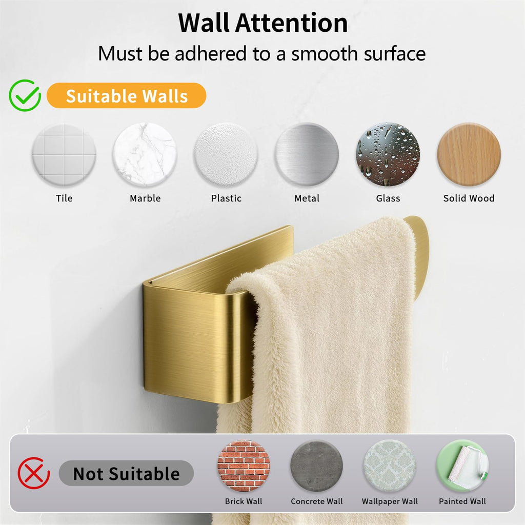 2 Pack Gold Hand Towel Holder, Adhesive Towel Bars Wall Mounted, 8 Inch Square Hand Towel Racks Stick on Wall for Bathroom Kitchen