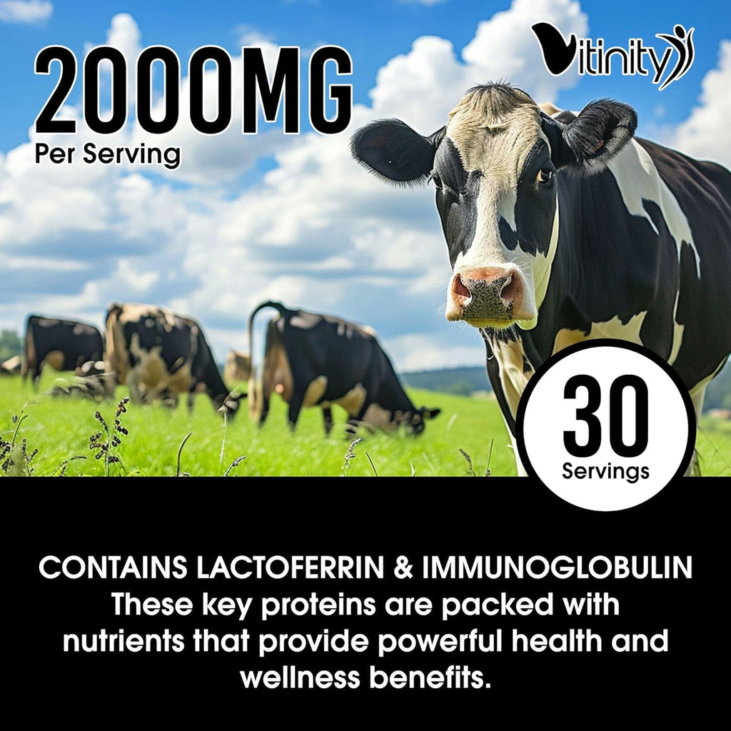 VITINITY Grass Fed Bovine Colostrum Capsules for Humans - Natural IgG Colostrum Supplement for Gut Health, Immune Support, Muscle Recovery & Wellness | Pure Colostrum Superfood, Unflavored (120 Count)