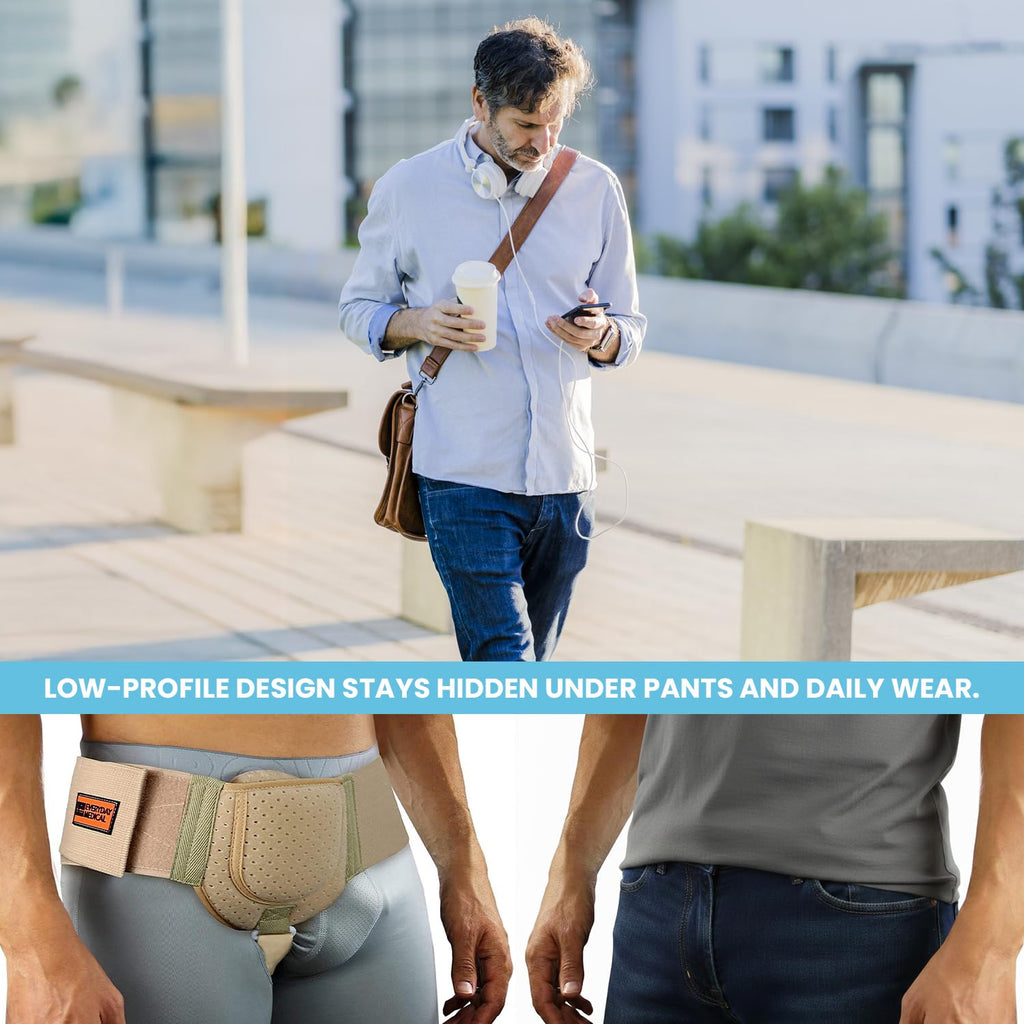 Everyday Medical Inguinal Hernia Support Belt for Men I Fits Left or Right Side I Post Surgery Men and Womens Hernia Support Truss for Inguinal, Groin Hernias I Adjustable Waist Strap I Beige | S/M