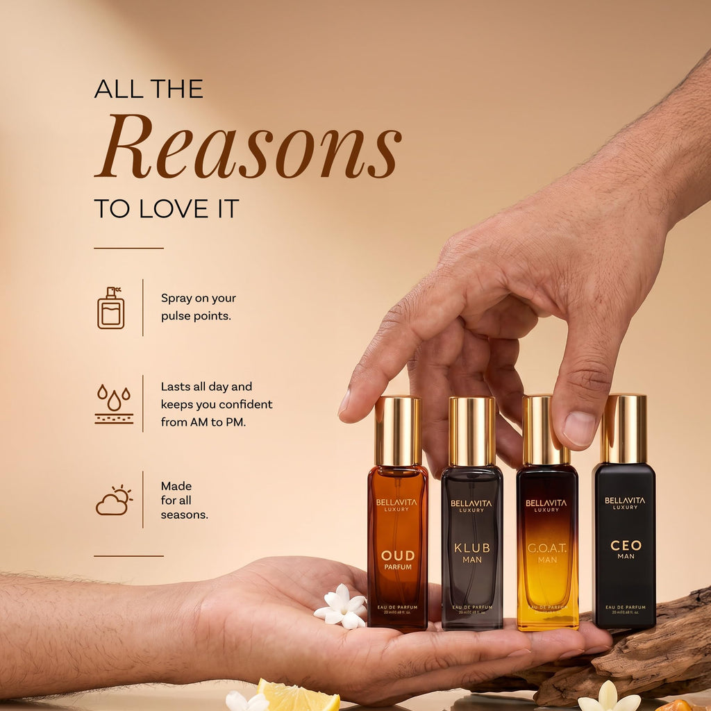 BellaVita Luxury Men's Perfume Gift Set with CEO Man, G.O.A.T., KLUB & OUD | 4 x 20ml (80ml) | Long Lasting Perfume for Men | Citrus, Woody, Patchouli & Caramel Notes