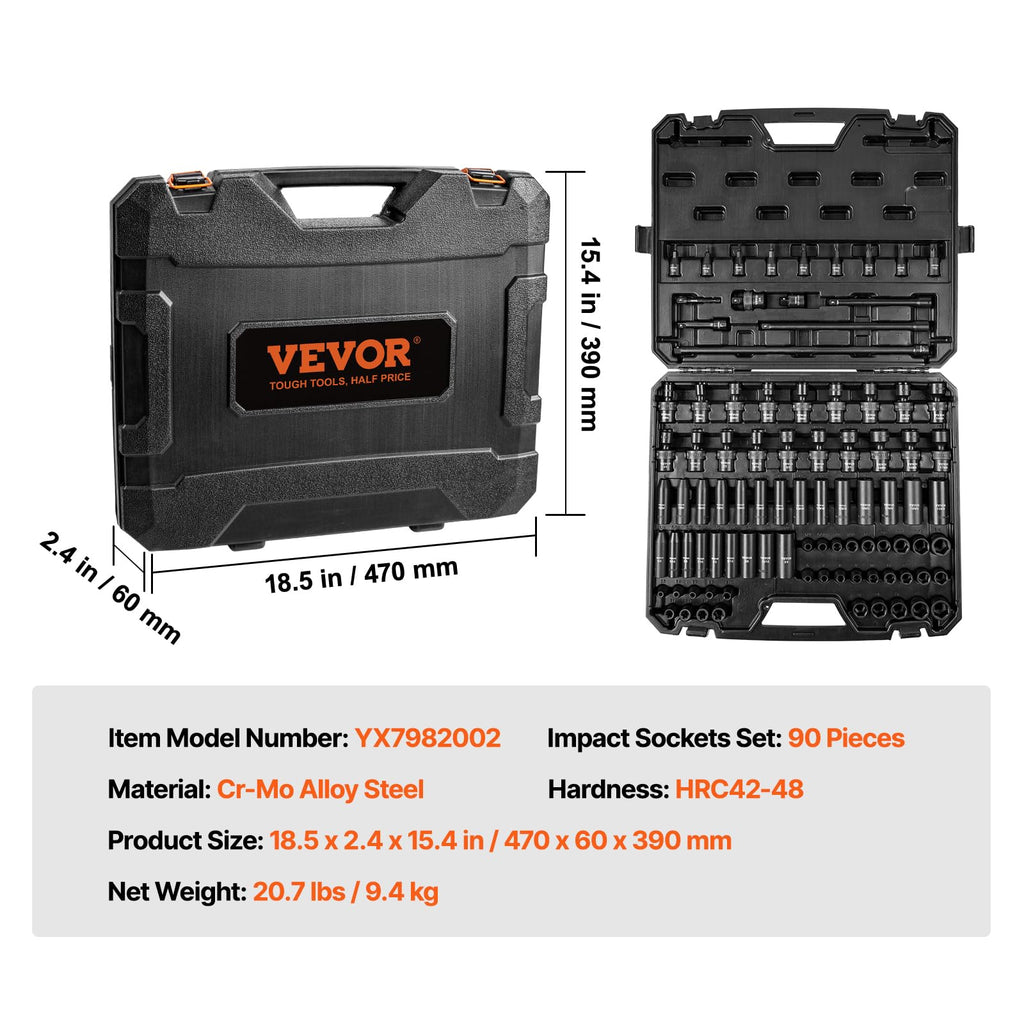 VEVOR Impact Socket Set 3/8" Drive, 90 PCS, CR-MO, SAE 1/4"-3/4" Metric 6-19mm, with Shallow & Deep Sockets, Swivel & E-Torx & Bit socket Sockets, Extension Bars, Adapters, Universal Joint