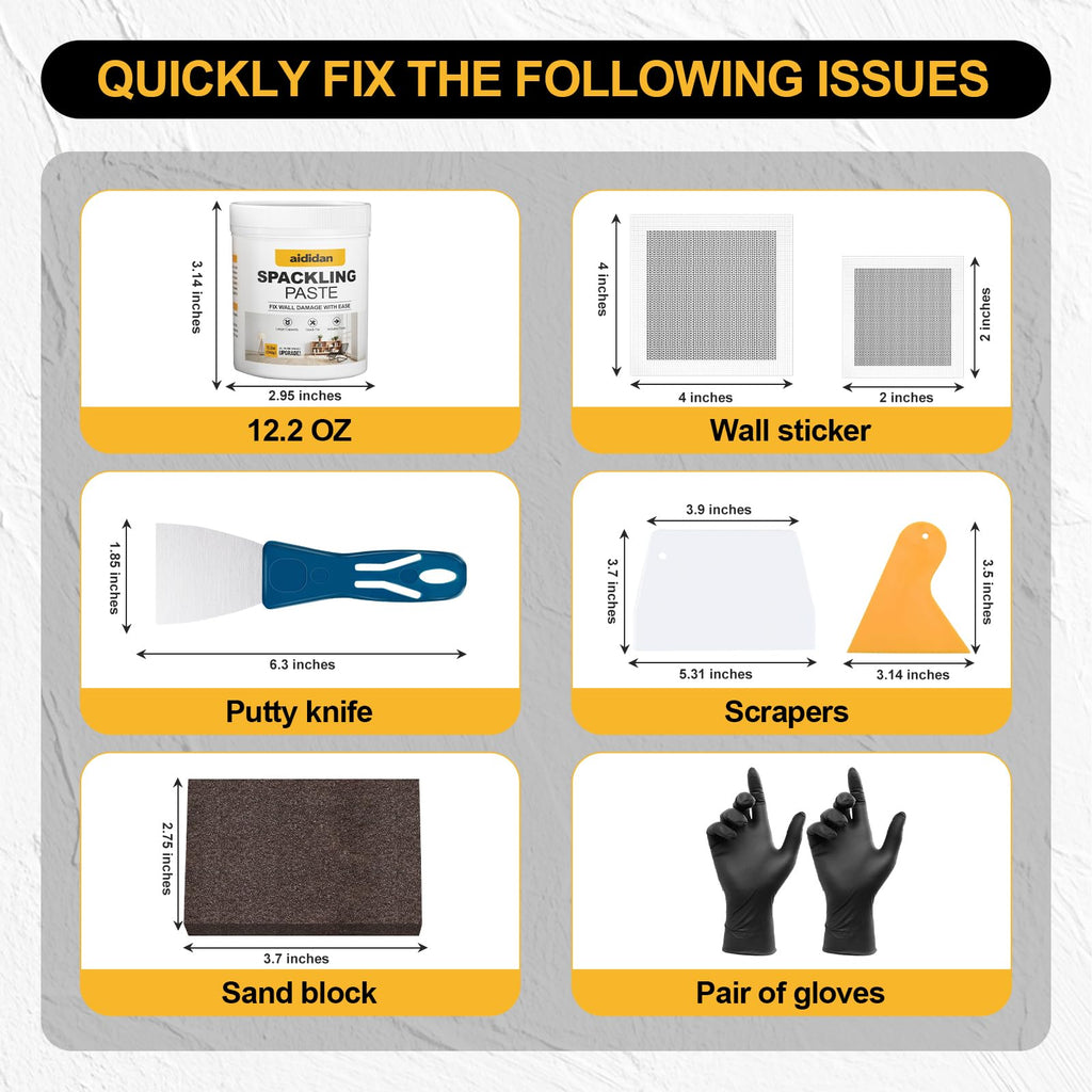 Drywall Repair Kit, 12.2oz Wall Patch Repair Kit, Spackle Wall Repair with Wall Patches/Sanding Sponge/Putty Knife/Scrapers/Gloves, Wall Mending Agent, Wall Surface Hole Fill Quick and Easy Solution