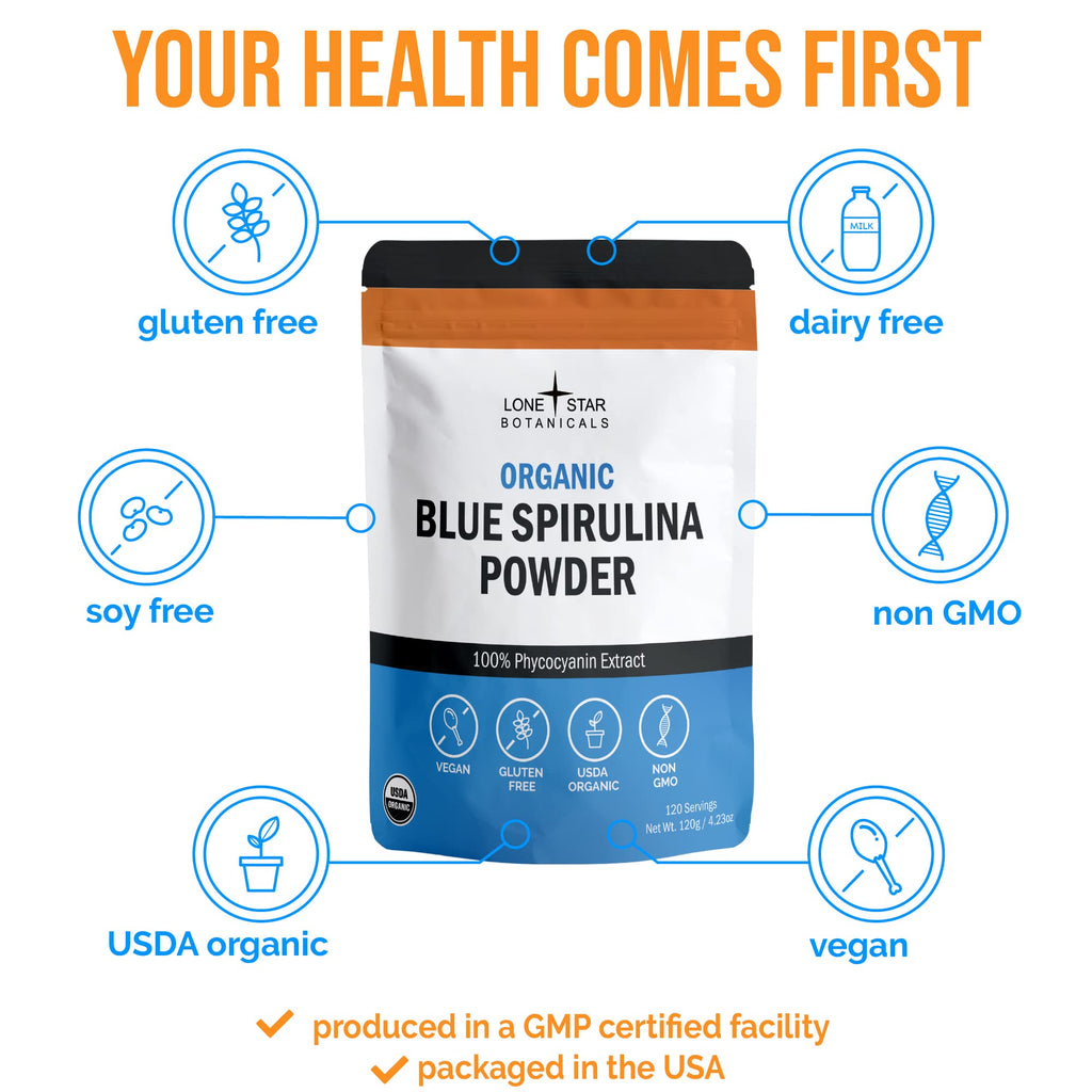 Organic Blue Spirulina Powder, 120 Servings - 100% Pure Superfood Blue-Green Algae, Natural Food Coloring for Smoothies & Protein Drinks - Non GMO, Gluten-Free, Vegan + USDA Certified, No Fishy Smell