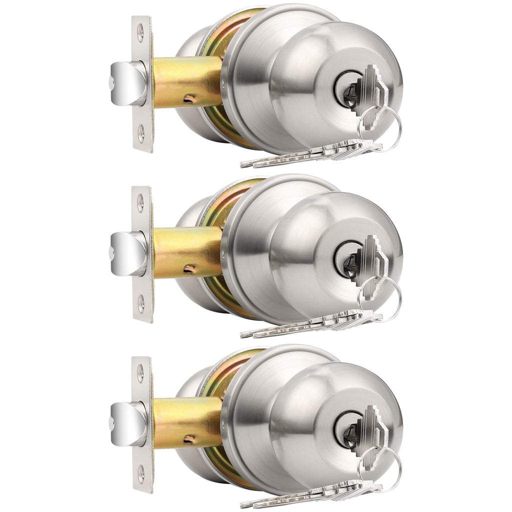 Probrico Brushed Nickel One Keyway Ball Door Knobs Entry Lock with Keys, 3 Pack Keyed Alike Door Locksets, Interior Exterior Keyed Hardware