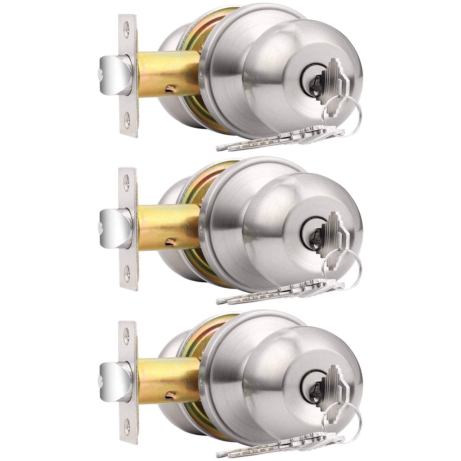 Probrico Brushed Nickel One Keyway Ball Door Knobs Entry Lock with Keys, 3 Pack Keyed Alike Door Locksets, Interior Exterior Keyed Hardware