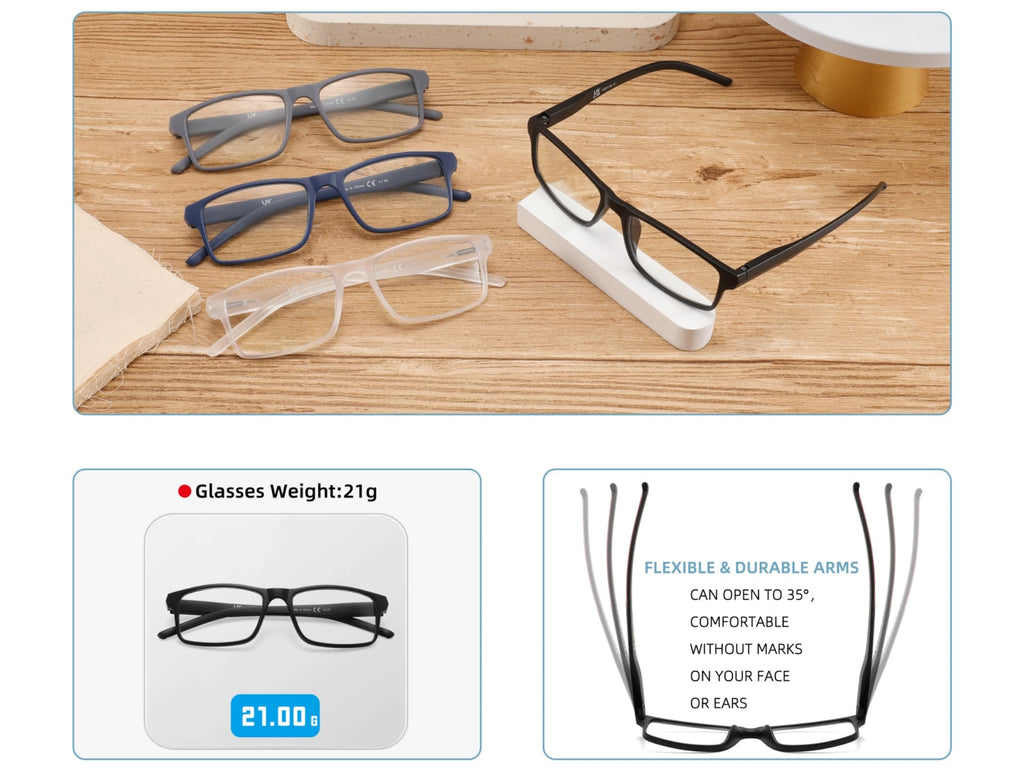 MODFANS Reading Glasses Men Readers 4 Pack,Blue Light Blocking Reading Glasses Anti Glare/Eye Strain Filter UV,Rectangular Unisex Lightweight Frame Comfortable Spring Hinge Eyeglasses 1.75