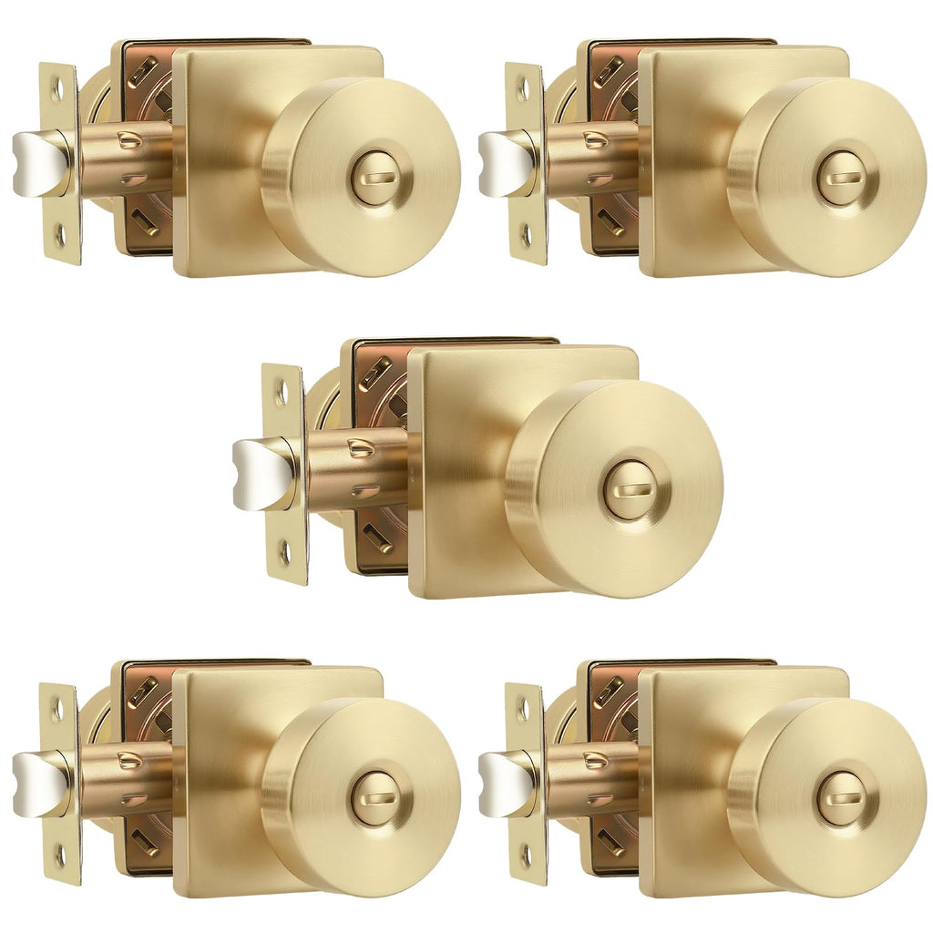 Probrico Privacy Door Handles Interior 5 Pack, Modern Keyless Bedroom/Bathroom Door Knob Inside, Square Base Doorknobs with Brushed Gold Finish
