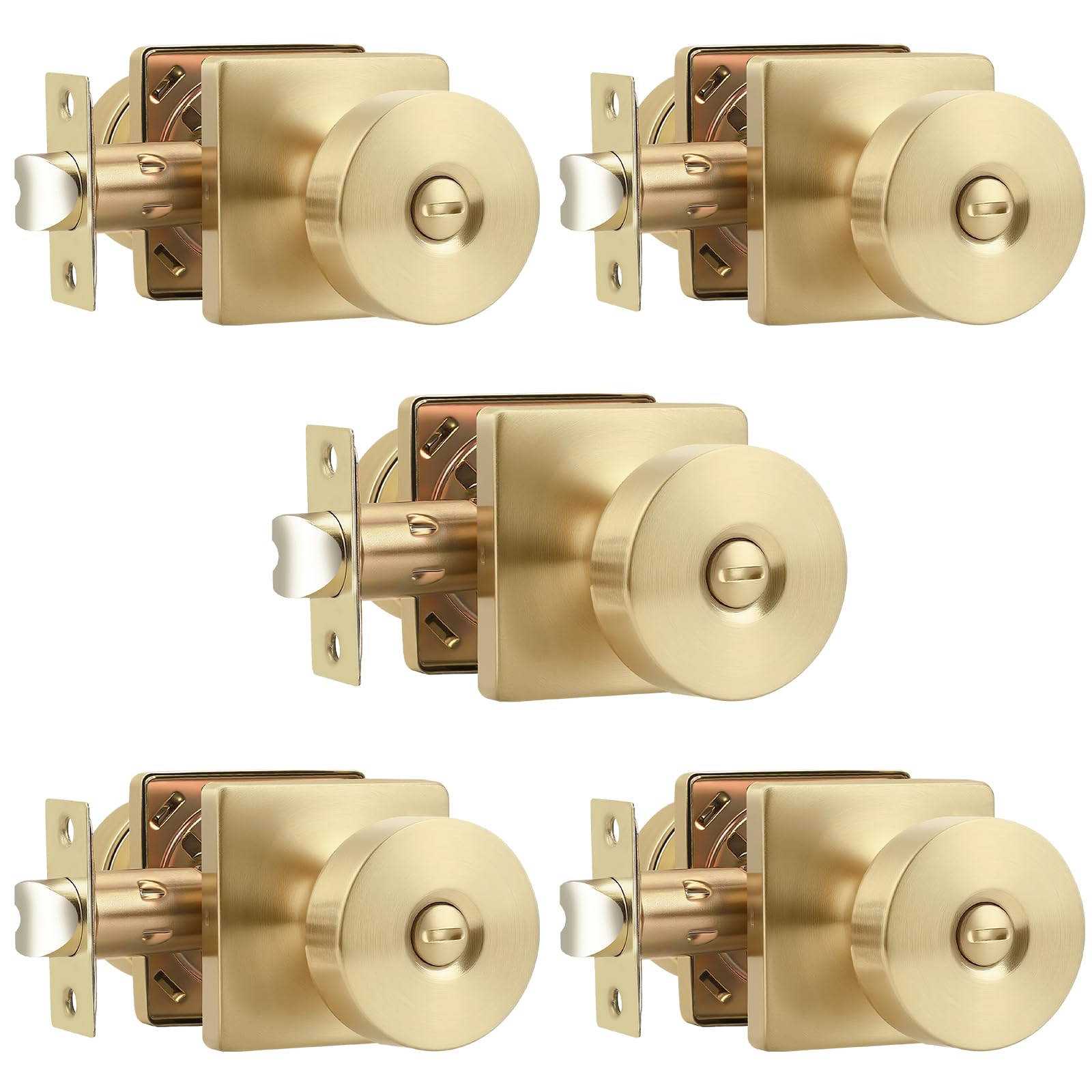 Probrico Privacy Door Handles Interior 5 Pack, Modern Keyless Bedroom/Bathroom Door Knob Inside, Square Base Doorknobs with Brushed Gold Finish