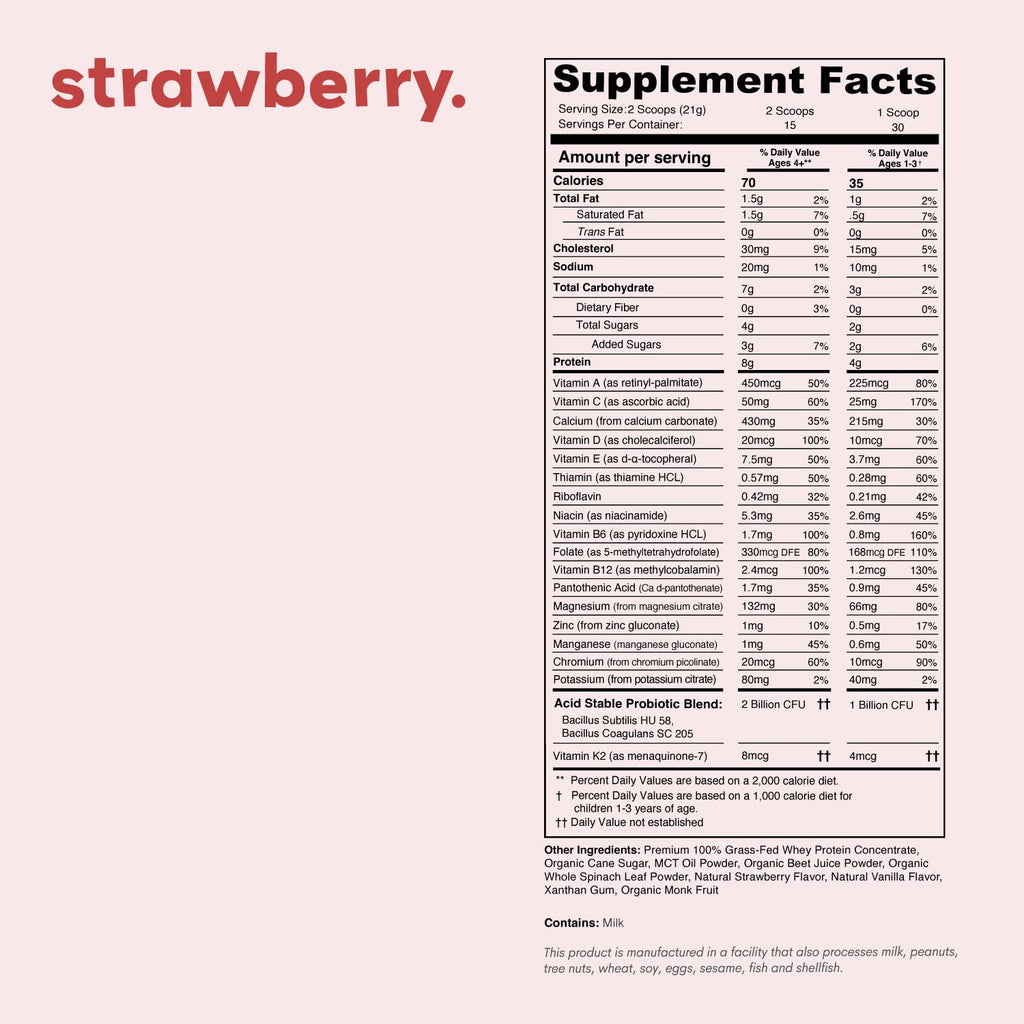 Nurished Mighty Strawberry Milk - Kids All-in-One Daily Protein Powder & Multivitamin Boosted with 2 Billion Probiotics & Organic Spinach - Natural Flavors, Colors & Sweeteners - 15-30 Servings