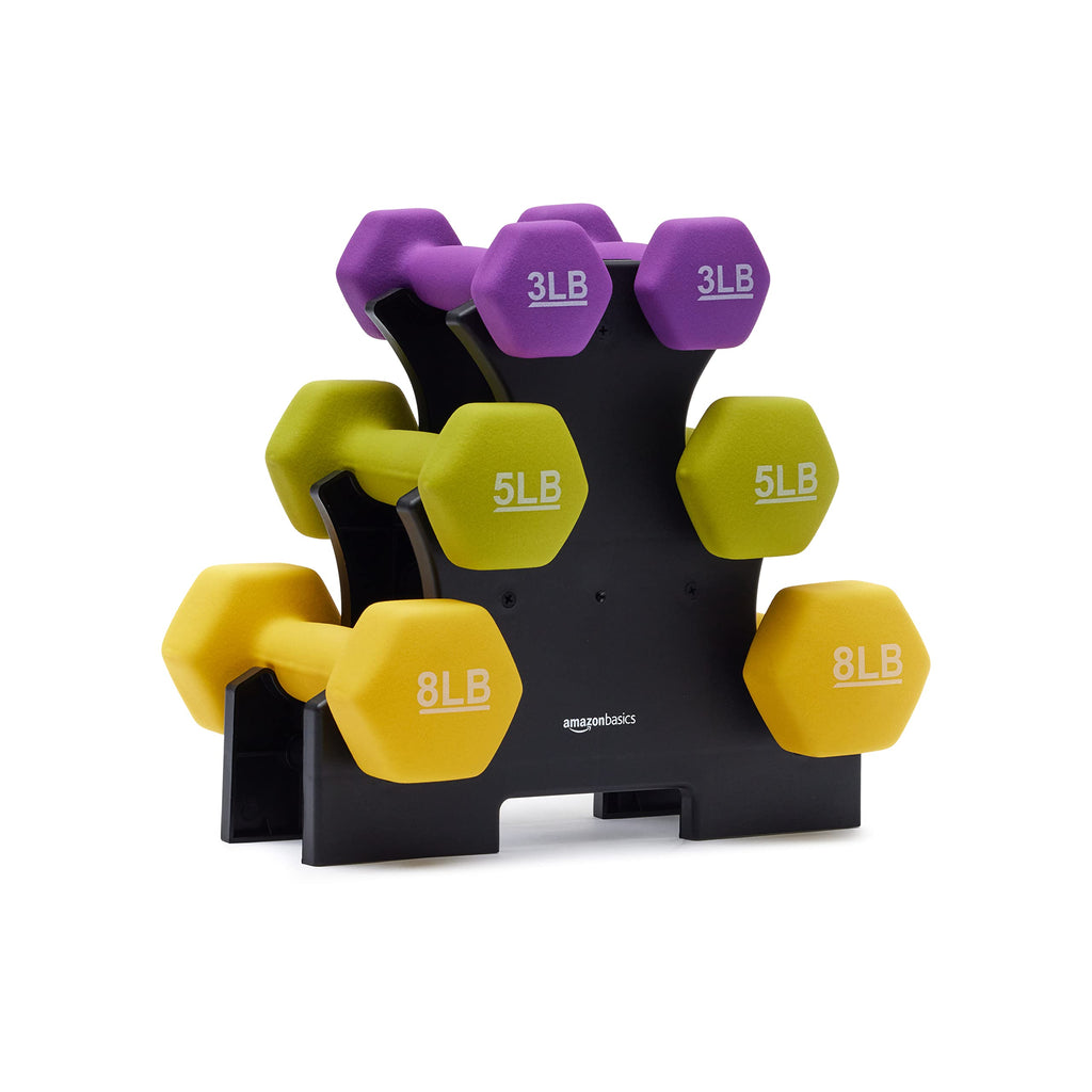 Amazon Basics Neoprene Dumbbell Hand Weights with Easy to Assemble Stand, 3 Pairs (3, 5, and 8 Pounds), Purple/Green/Yellow
