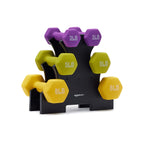 Amazon Basics Neoprene Dumbbell Hand Weights with Easy to Assemble Stand, 3 Pairs (3, 5, and 8 Pounds), Purple/Green/Yellow