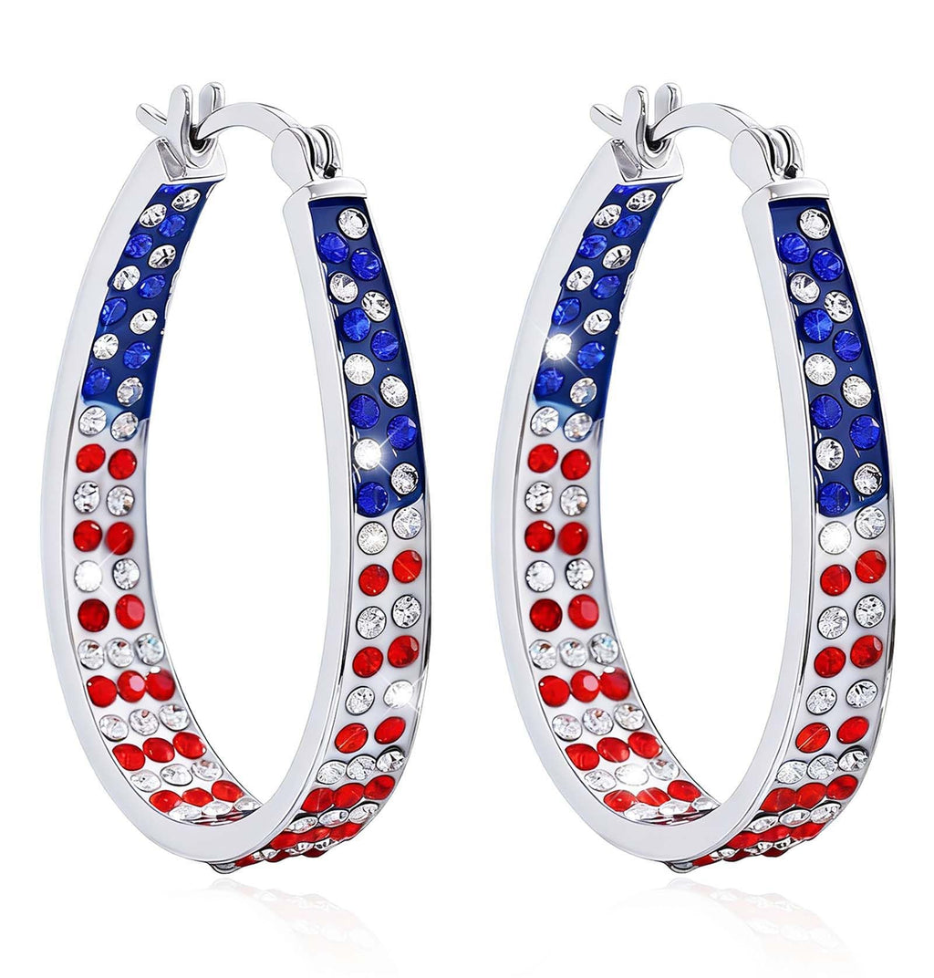 Go Ho 4th of July Patriotic Hoop Earrings, American Flag Red White and Blue Sparkly Crystal Jewelry for Women, Independence Day Accessories for Shirts Outfits