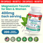 Magnesium Taurate 400mg | High Absorption | 200 Capsules for Sleep, Heart Health, Calm, Joint Supplement for Women and Men | Pure Elemental Mag Powder Plus Taurine - Extra Strength Pills