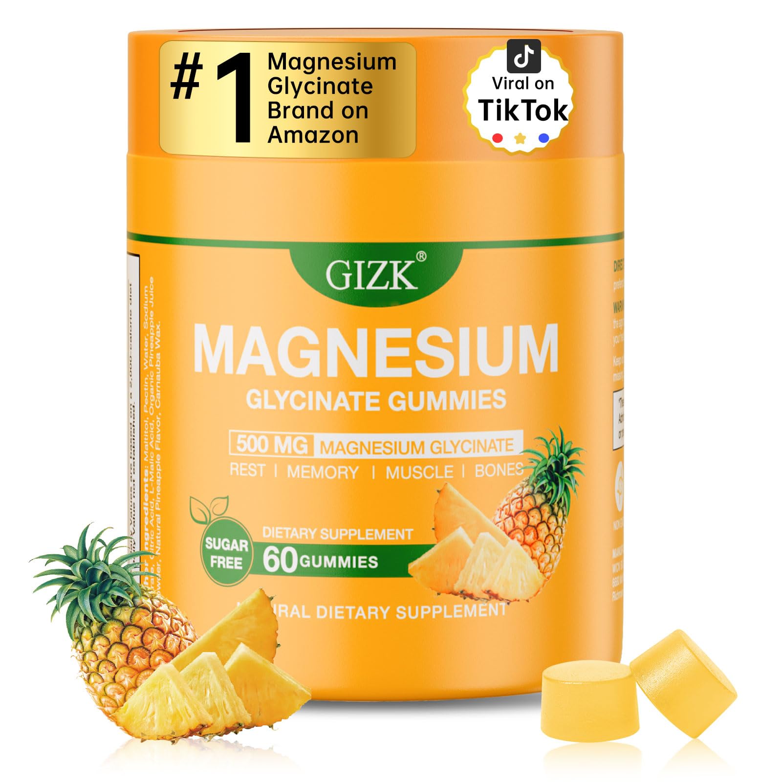 Magnesium Glycinate Gummies 500mg – Sugar Free Magnesium Gummies for Sleep, Stress, Muscle & Nerve Support – for Adults & Kids 4+, Vegan, No Melatonin (Pineapple Flavor, 60 Count)