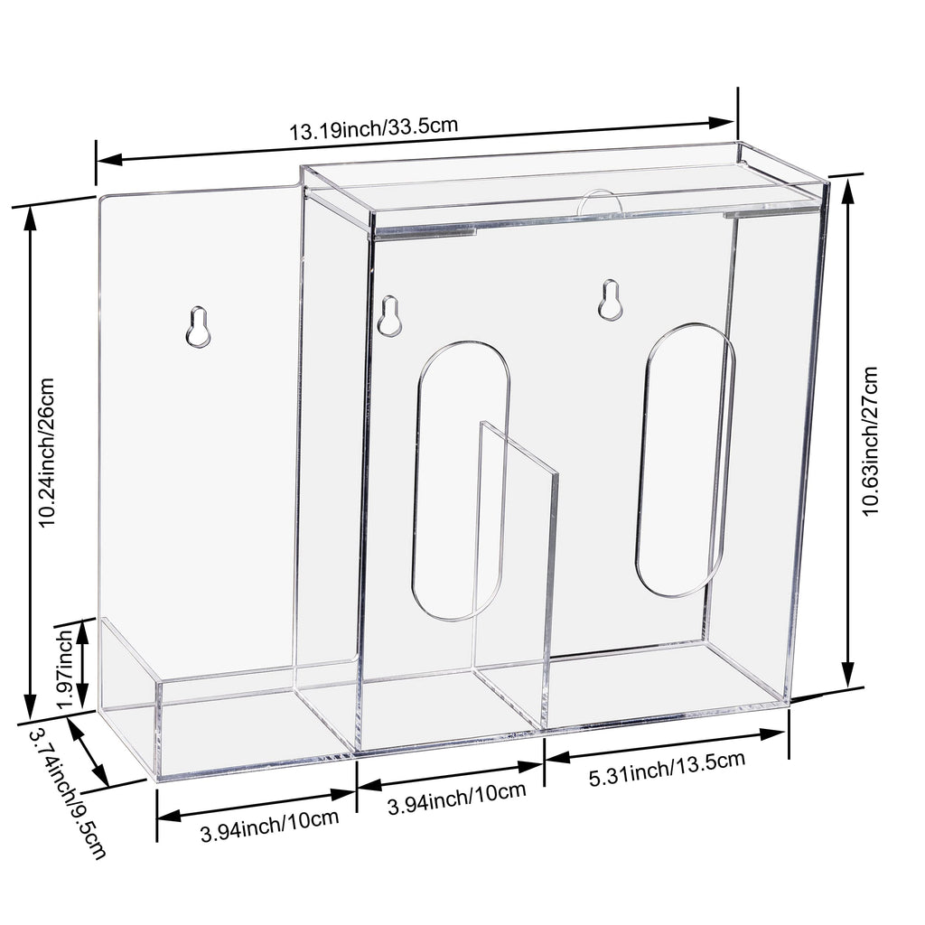 SEANADO Face Mask Dispenser 3 Compartment Acrylic Glove Box Holder Hygiene Station for Disposable Face Masks, Emesis Bag, Shoe Cover and Hairnet, Wall Mount Holes or Tabletop Holder （Clear）