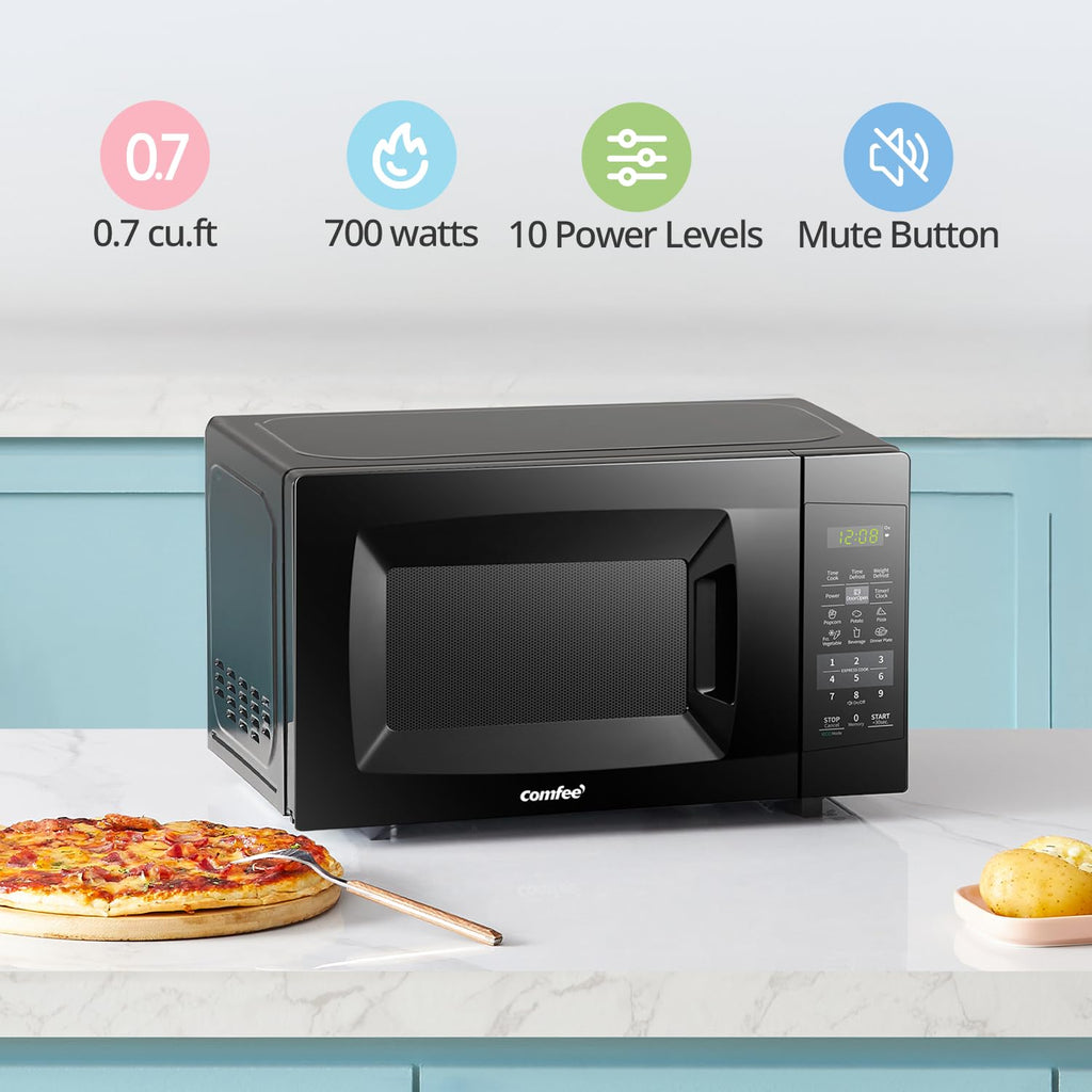 COMFEE' EM720CPL-PMB Countertop Microwave Oven with Sound On/Off, ECO Mode and Easy One-Touch Buttons, 20L, 700W, Black