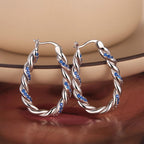 White Gold Plated Oval Hoop Earrings for Women 925 Sterling Silver Post Twist Hoop Earrings with Blue Cubic Zirconia Hypoallergenic Lightweight Earrings Jewelry Gifts