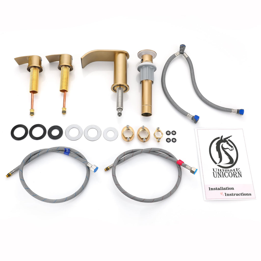 Ultimate Unicorn 8 inch Bathroom Faucet Champagne Bronze, Waterfall Bathroom Sink Faucet with Metal Pop-up Sink Drain Stopper and 2 Supply Hoses, DJS-MP-3JT-CG-PB-C