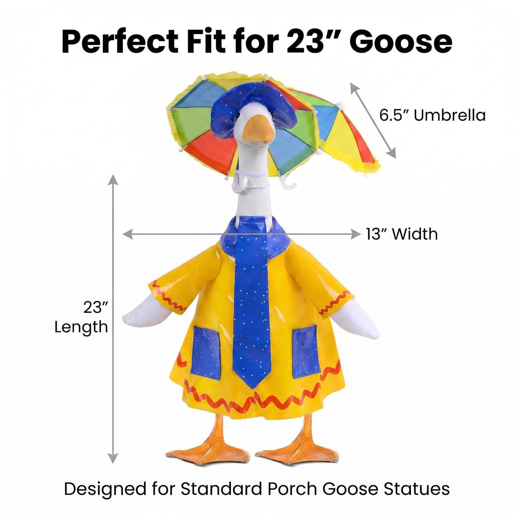 yuboo 23-Inch Porch Goose Raincoat Outfit - Summer Yellow Goose Clothes with Blue Pockets & Red Trim,Rainbow Umbrella Hat, Blue Sun Hat & Polka Dot Tie - Funny Garden Decor for Lawn & Yard