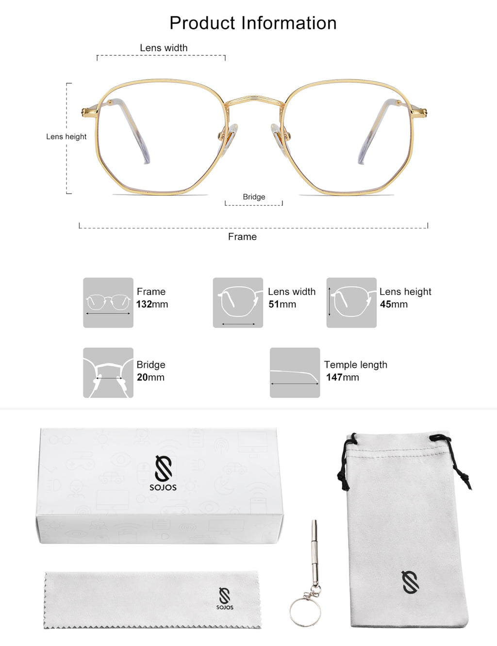 SOJOS Small Blue Light Blocking Glasses Hexagonal Eyeglasses Frame Anti Blue Ray Glasses One and Only SJ5036 with Gold Frame/Anti-Blue Light Lens