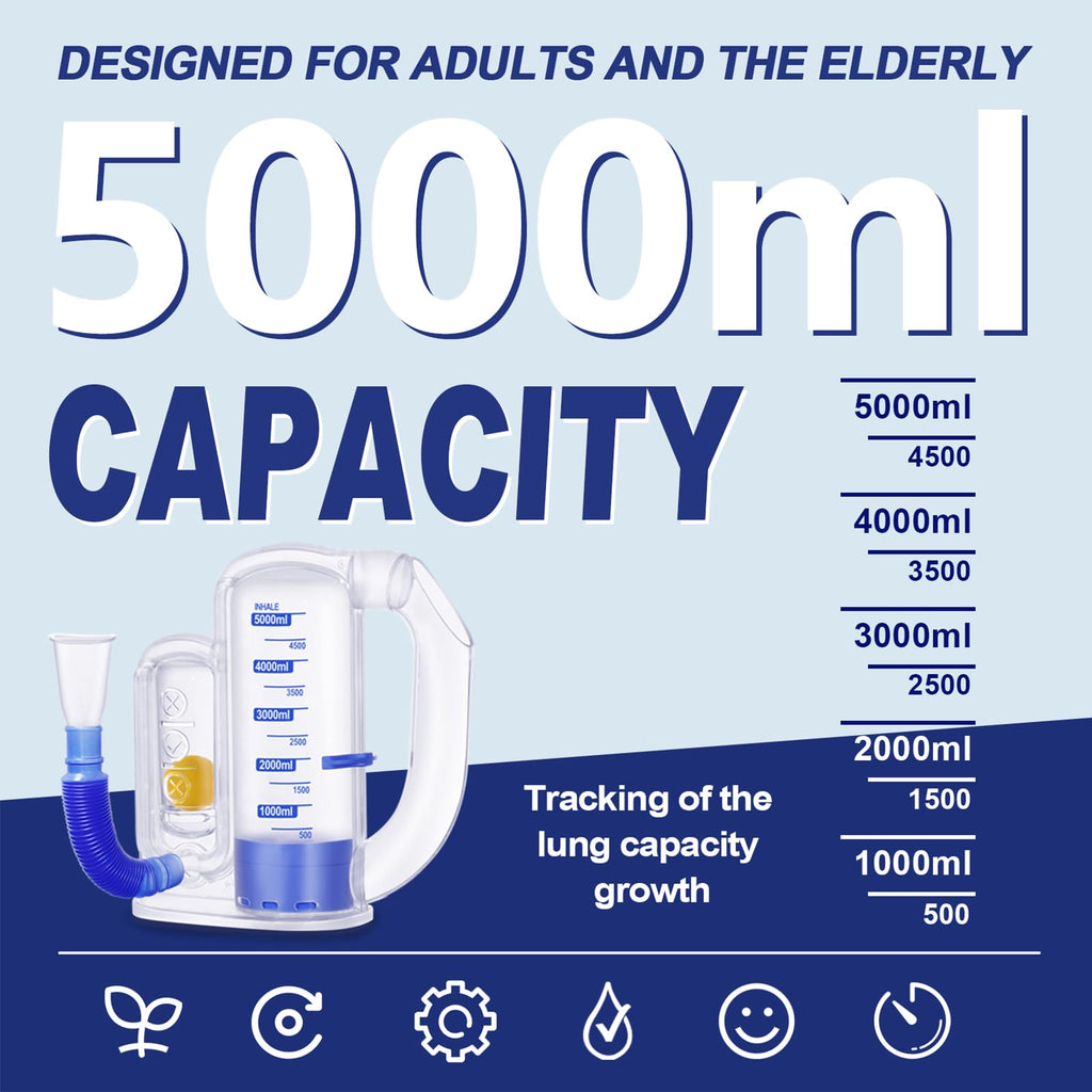 Breathing Exercise Device for Lungs, Lung Exerciser Device – 5000ml Volumetric Deep Breathing Trainer with Flow Rate Indicator for Respiratory Health & Recovery