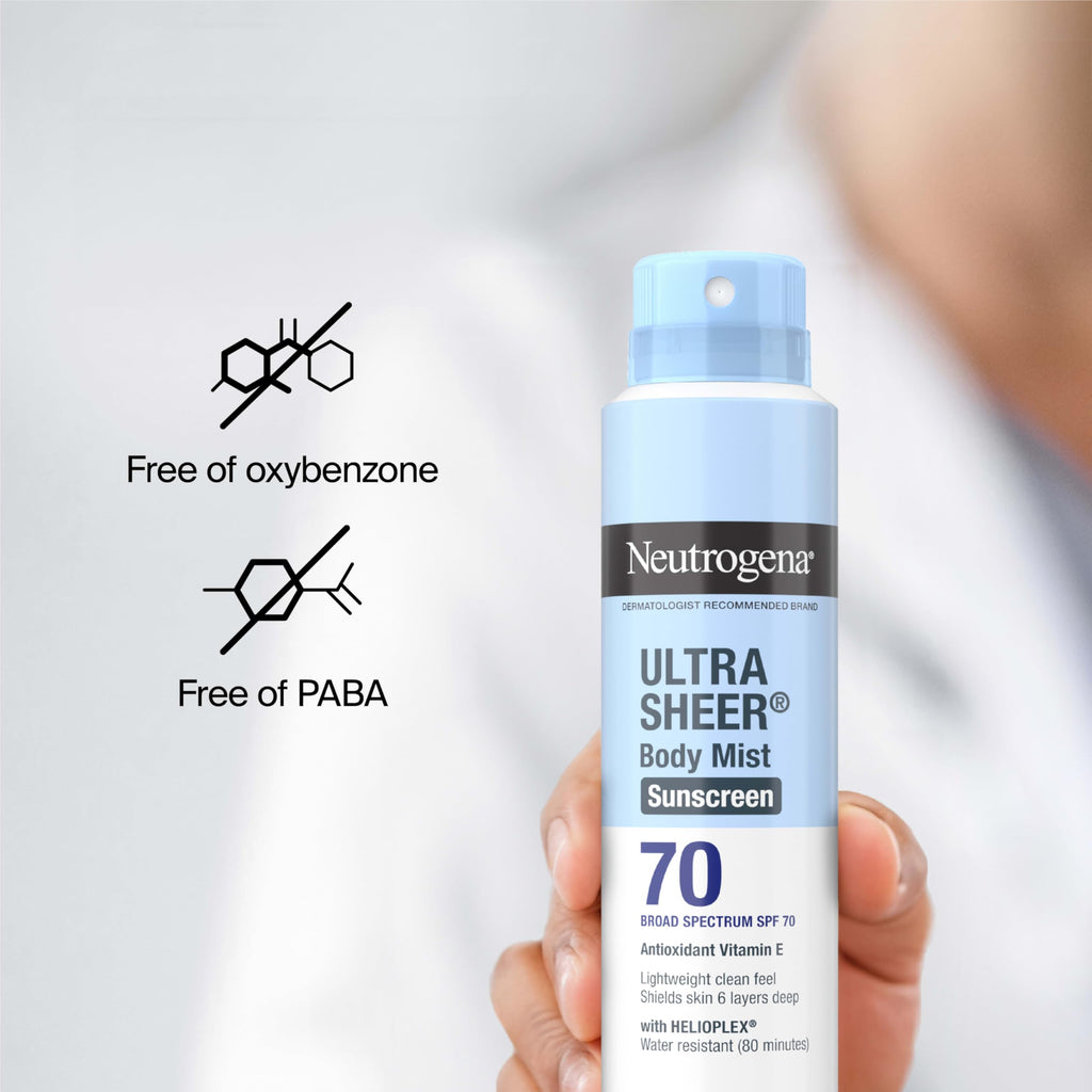 Neutrogena Ultra Sheer Body Mist Sunscreen Spray, Broad Spectrum SPF 70, Lightweight Spray Sunscreen, Non-Greasy & Water Resistant, Oil-Free & Non-Comedogenic UVA/UVB, 5 oz, Pack of 3