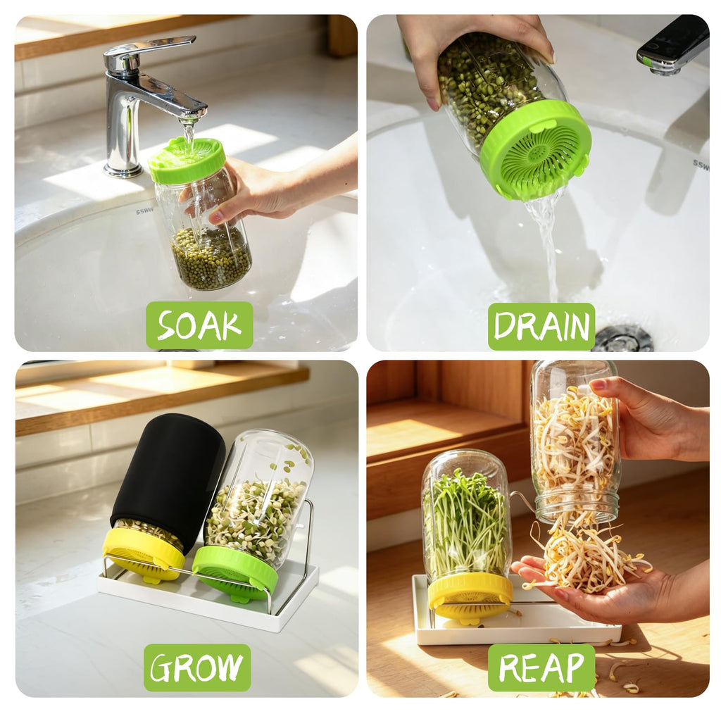 Seed Sprouting Kit - 2×32 Oz Wide-Mouth Mason Jars with Sprouter Lids, Stand, Sprout Tray & Light Shield, for Broccoli, Alfalfa, Mung Beans & Microgreens (Yellow + Green)