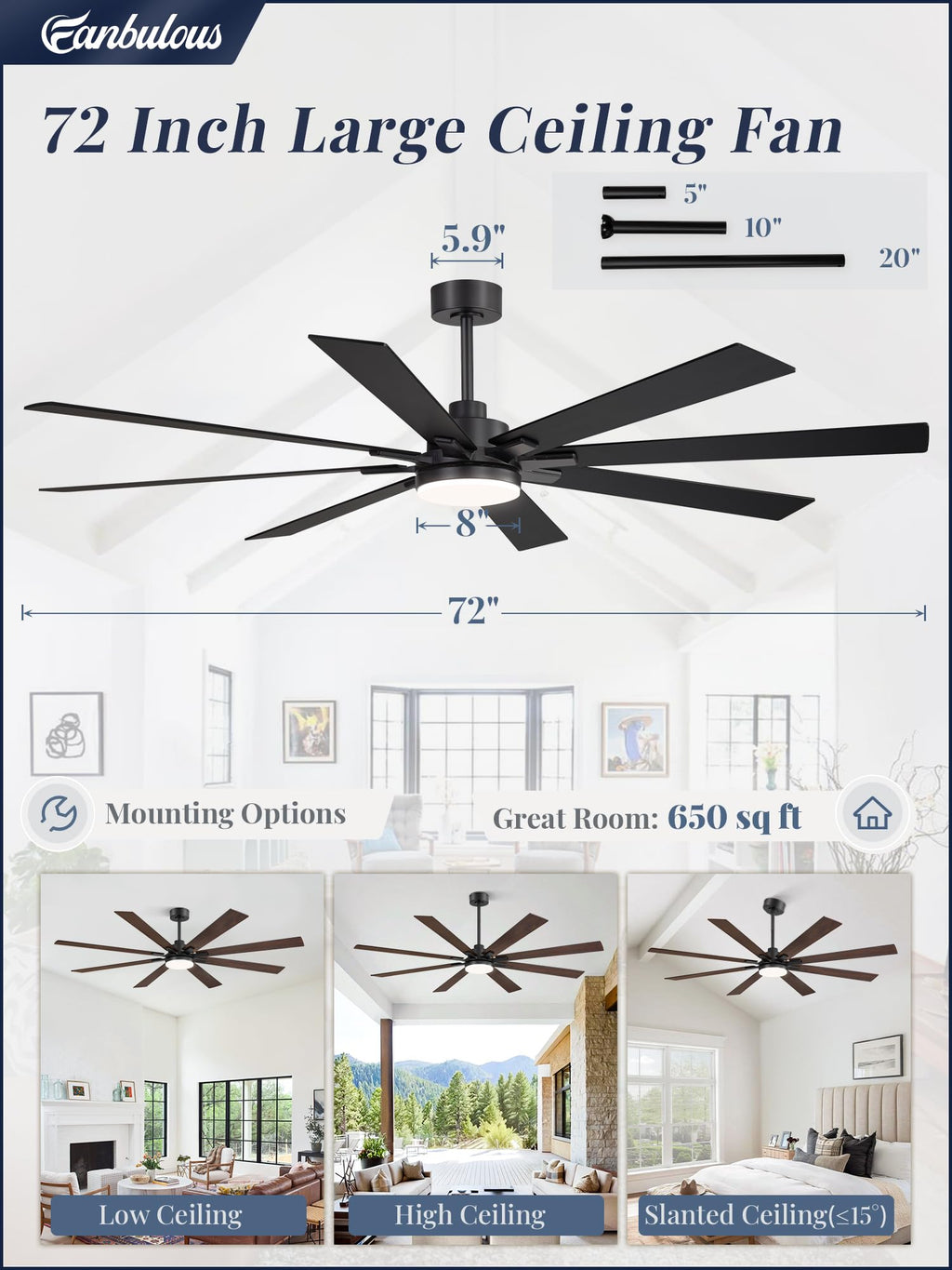 Fanbulous 72 Inch Ceiling Fans with Lights and Remote, Dual-Sided Reversible Blades for Versatile Décor, Quiet DC Motor, Wide-Angle Customized Brightness & 3CCT, Damp Rated for Indoor/Outdoor Use