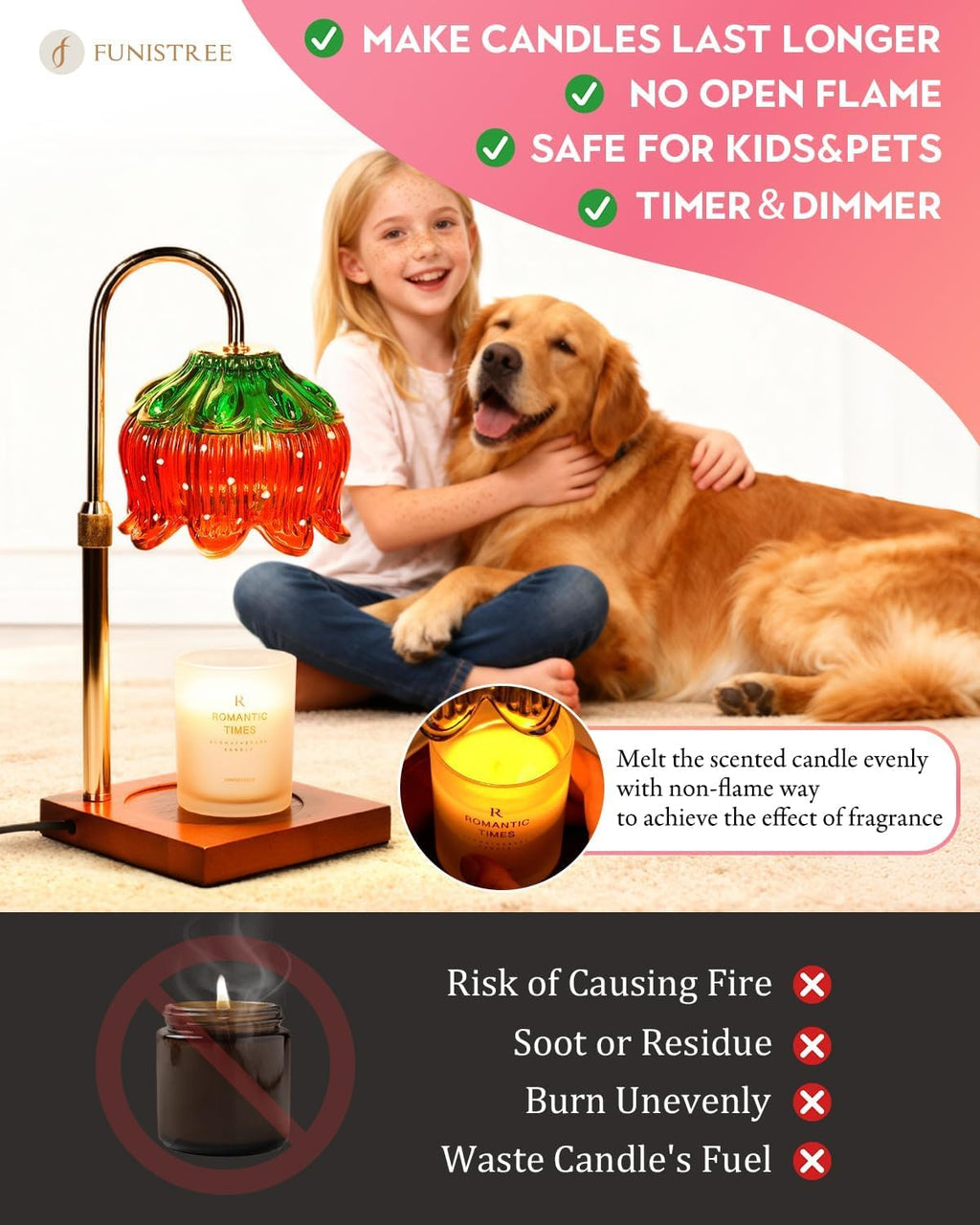 Strawberry Candle Warmer Lamp with Timer Dimmer, Adjustable Height Christmas Birthday Gifts for Women Mom House Warming Gifts New Home Bedroom Decor, Cute Candle Warmer Light for Jar Candles