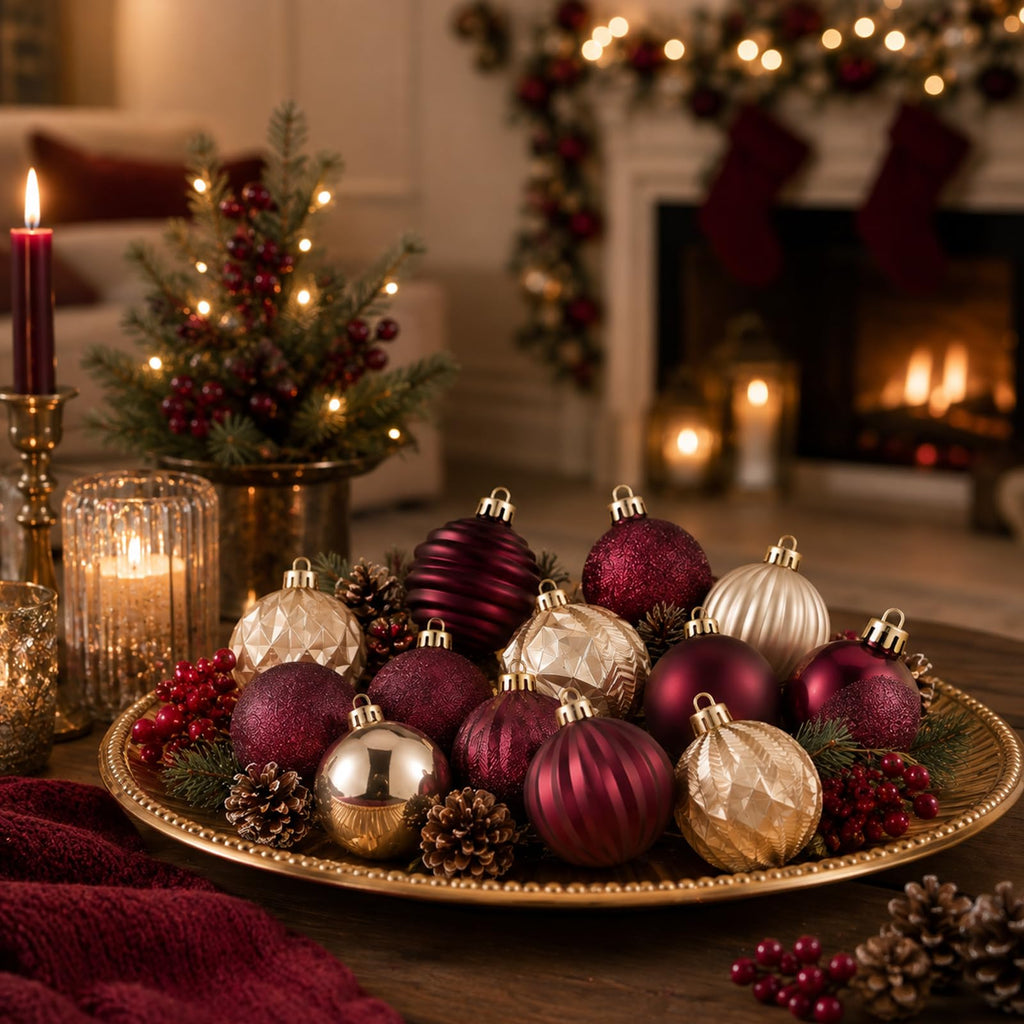 Lunmon 64 Pcs Burgundy and Gold Christmas Ball Ornament 1.57/1.97/2.36 Inch