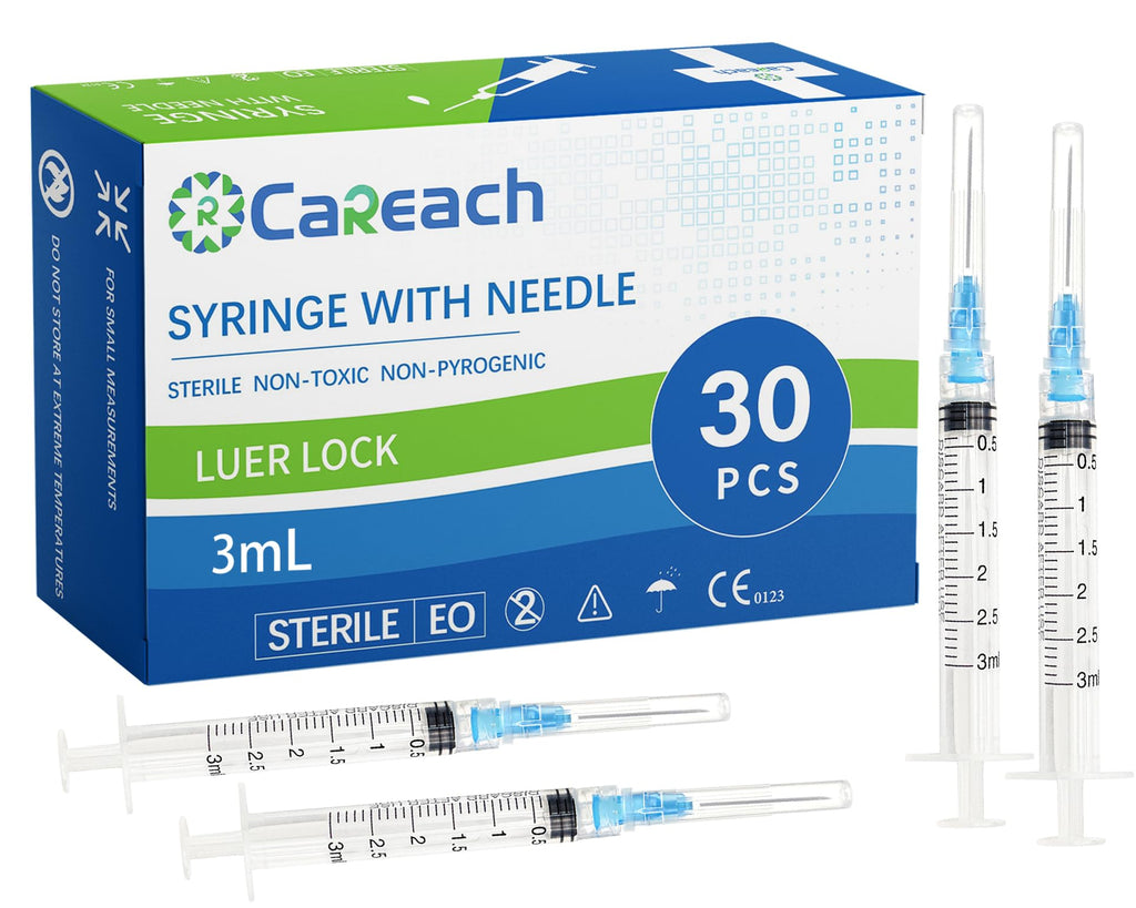 Careach 30 Packs 3mL Syringe with Needle 23 Gauge 1inch