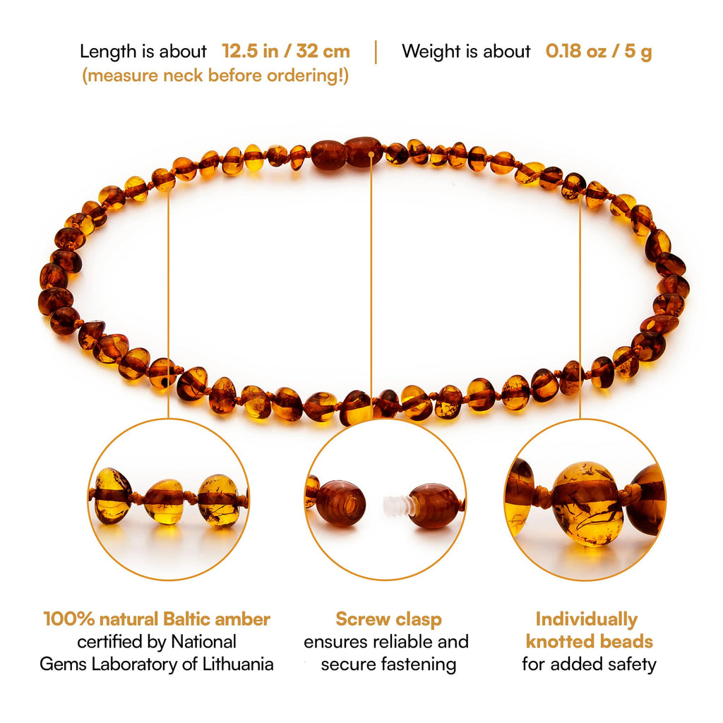 Baltic Amber Necklace - 12.5", Polished Beads, Cognac Color