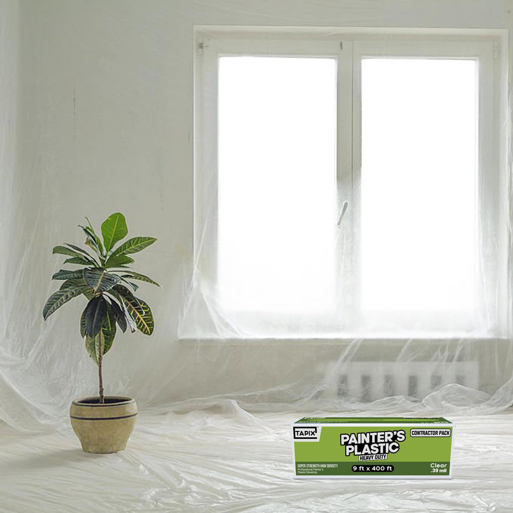 Painter's Plastic Film Heavy Duty 0.39 mil, 400' Length x 9' Width High, High Density Painters Plastic Sheeting Roll in Box with Dispense Hole for Easy Paint Plastic Covering