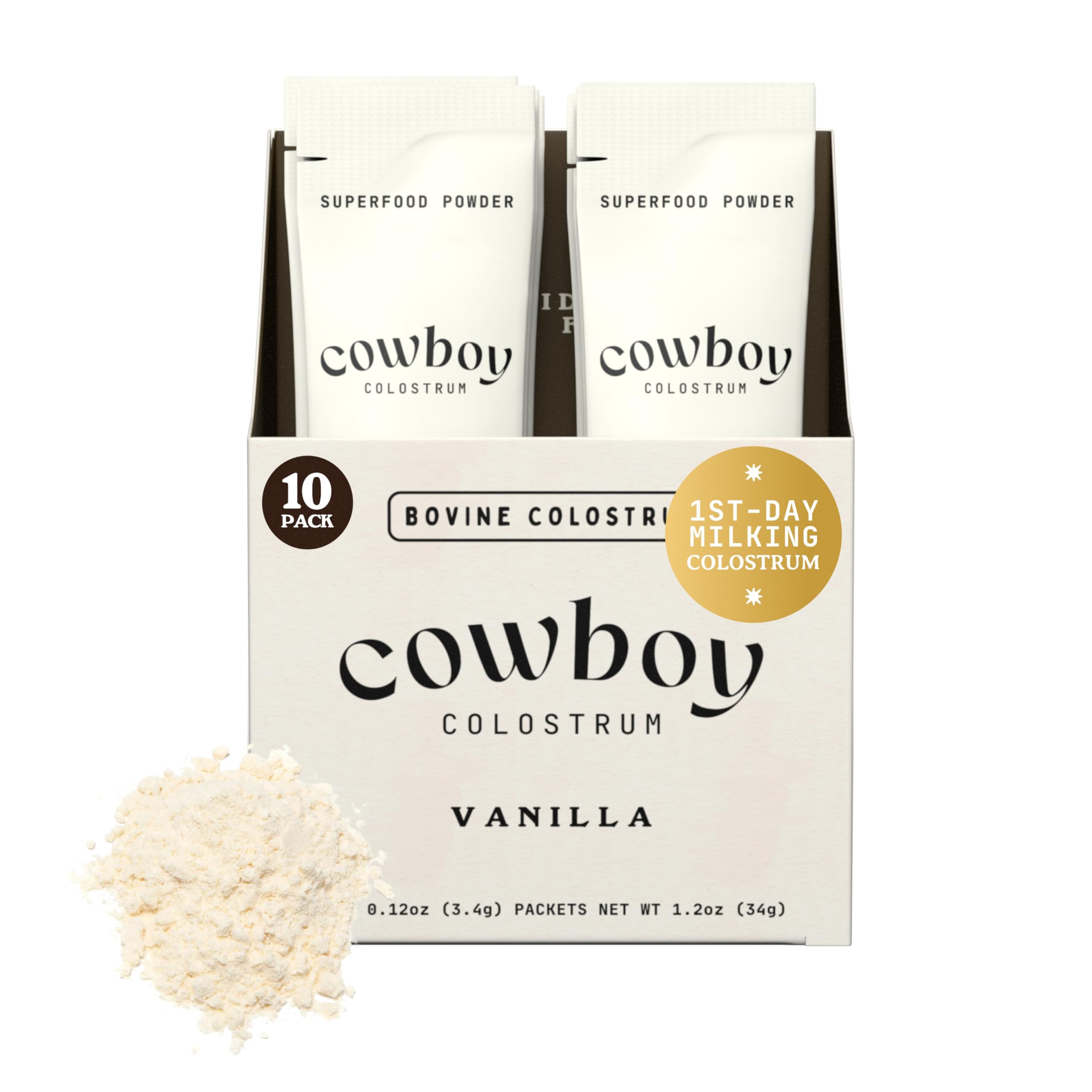 Cowboy - The Exclusive 1st Milking, Whole, Grass Fed Colostrum Supplement for Full Body Health - Bovine Colostrum Powder Packed w/Bioactive Nutrients (10 Travel Packs - Vanilla)