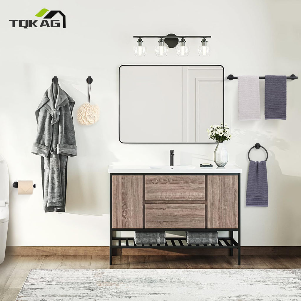 TQKAG Matte Black Bathroom Hardware Set 5 Pieces, SUS304 Stainless Steel Towel Bar Set Round Bathroom Towel Rack Set Wall Mounted