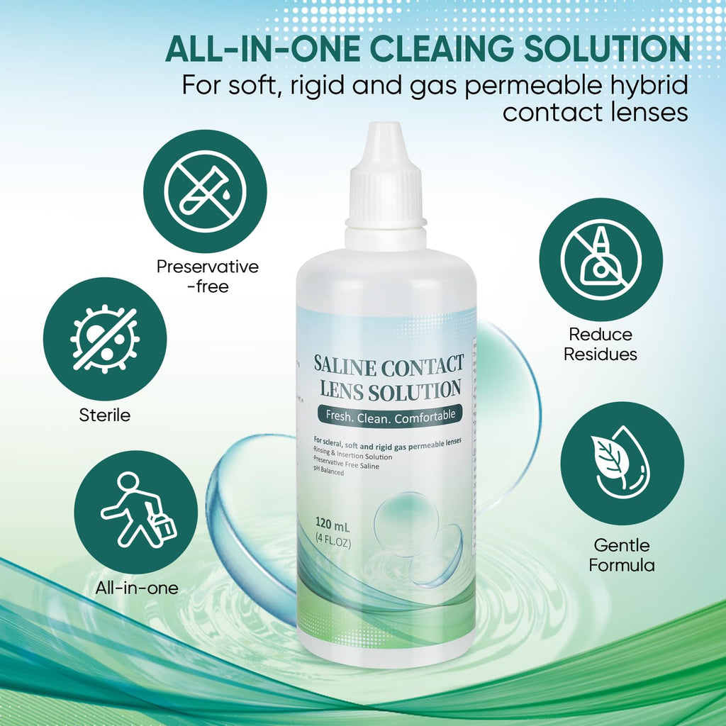 LIFVEAN Saline Contact Lens Solution Rinsing & Insertion Gentle Saline Solution for Soft & Rigid Gas Permeable Lenses Travel-Friendly 4 Fl Oz - 4 Pack