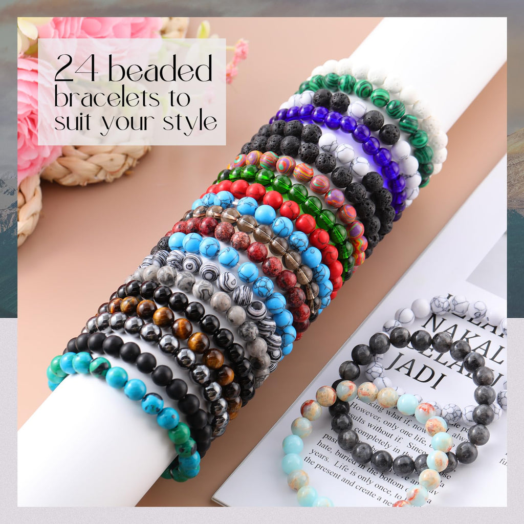 Landical 24 Pcs 8 mm Gemstone Beaded Bracelets for Women & Men, Classic